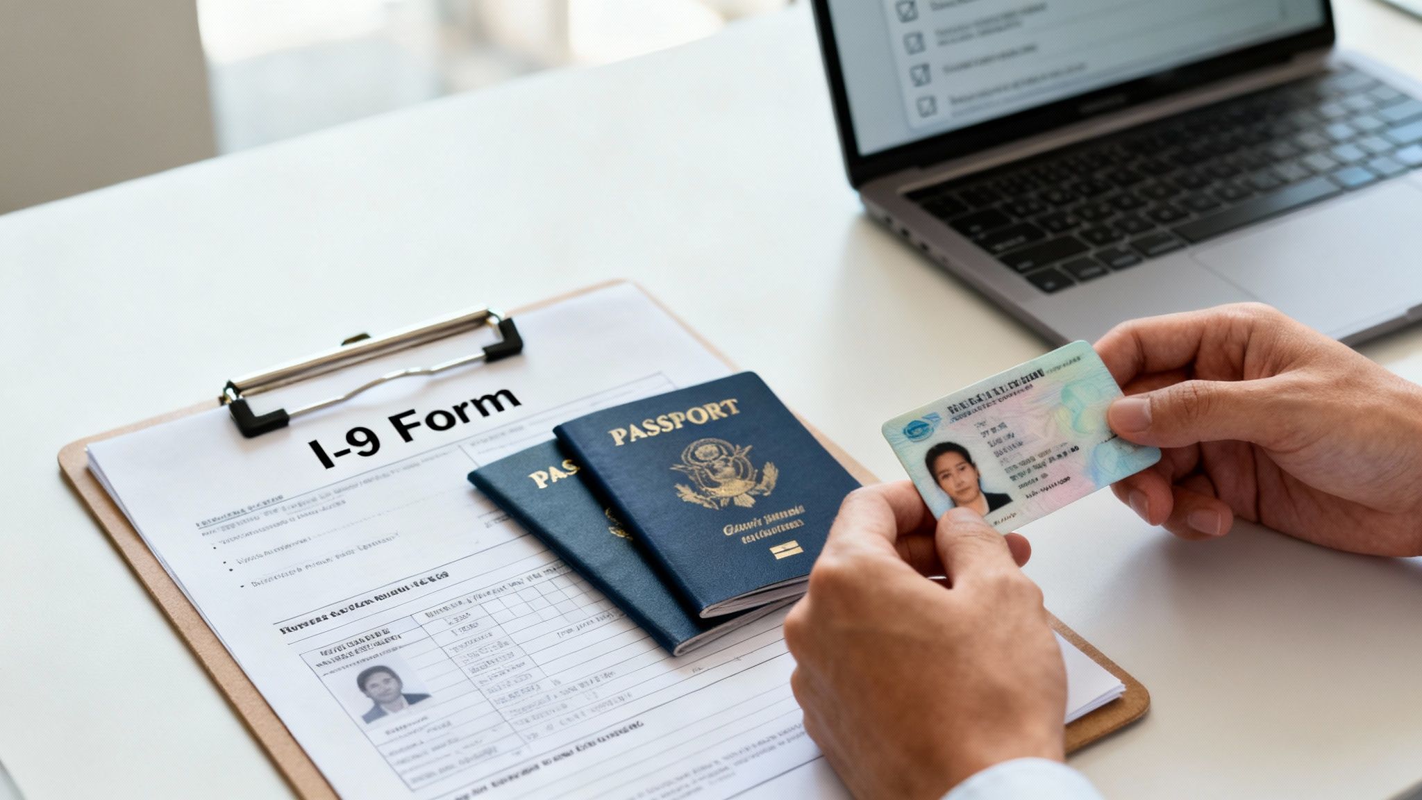 Hands holding an ID card, with an I-9 form, passports, and a laptop on a white desk.