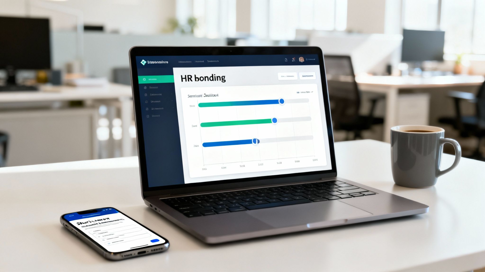 Laptop displaying an HR bonding dashboard, a smartphone, and a coffee mug on a white office desk.