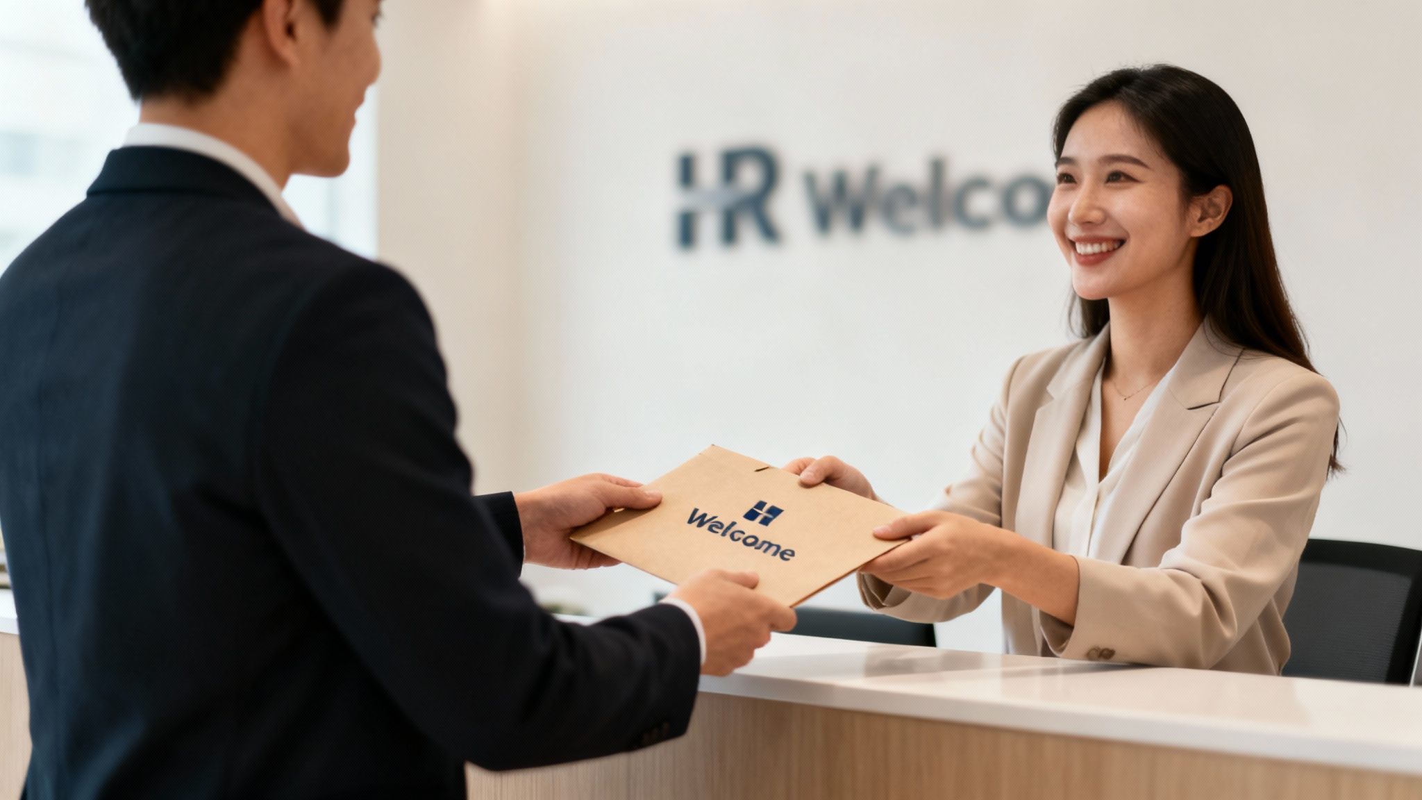 A man hands a welcome envelope to a smiling woman at a reception desk, symbolizing new employee orientation.