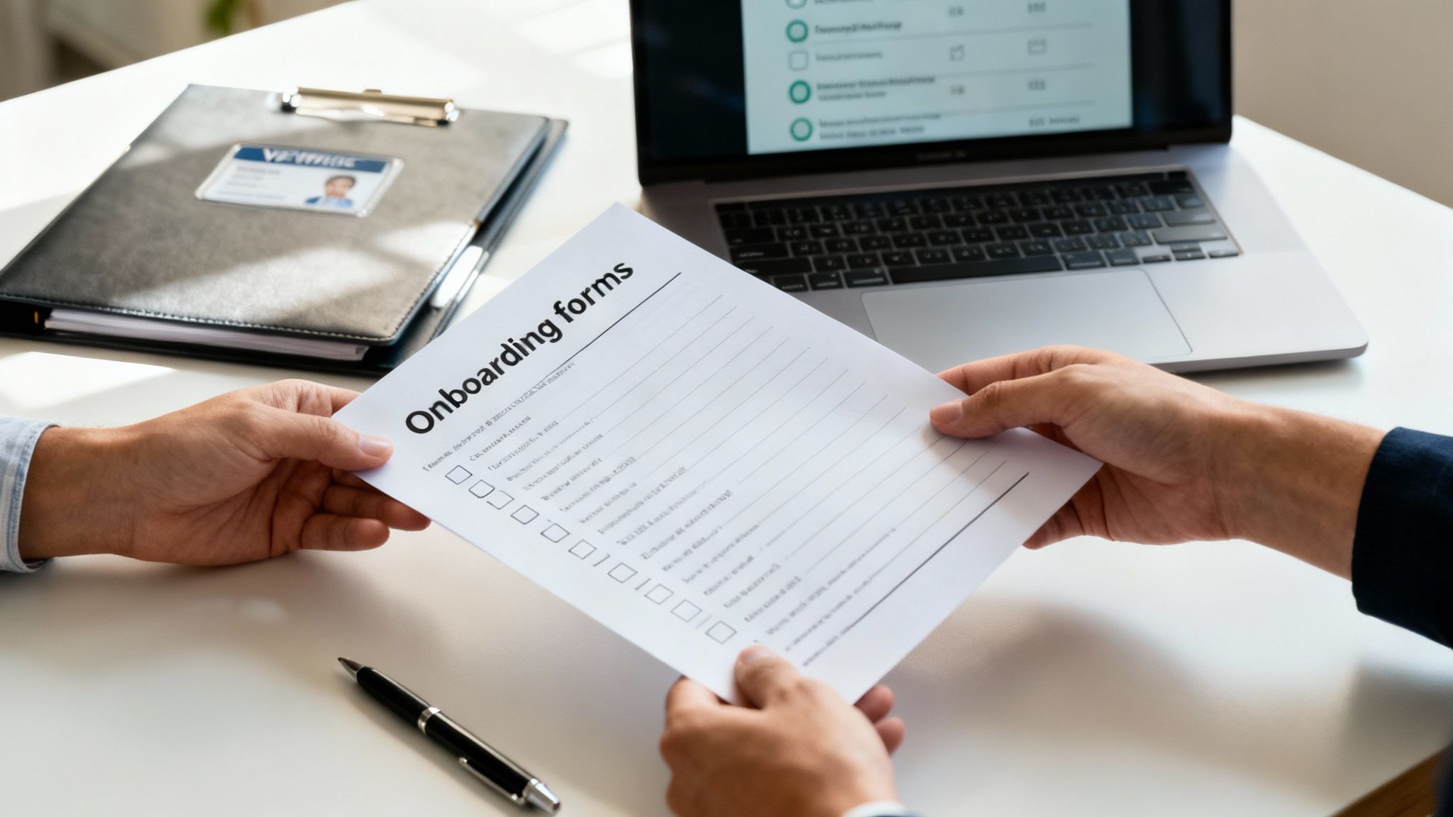 Two people exchanging 'Onboarding forms' across a desk, with a laptop and a folder visible.