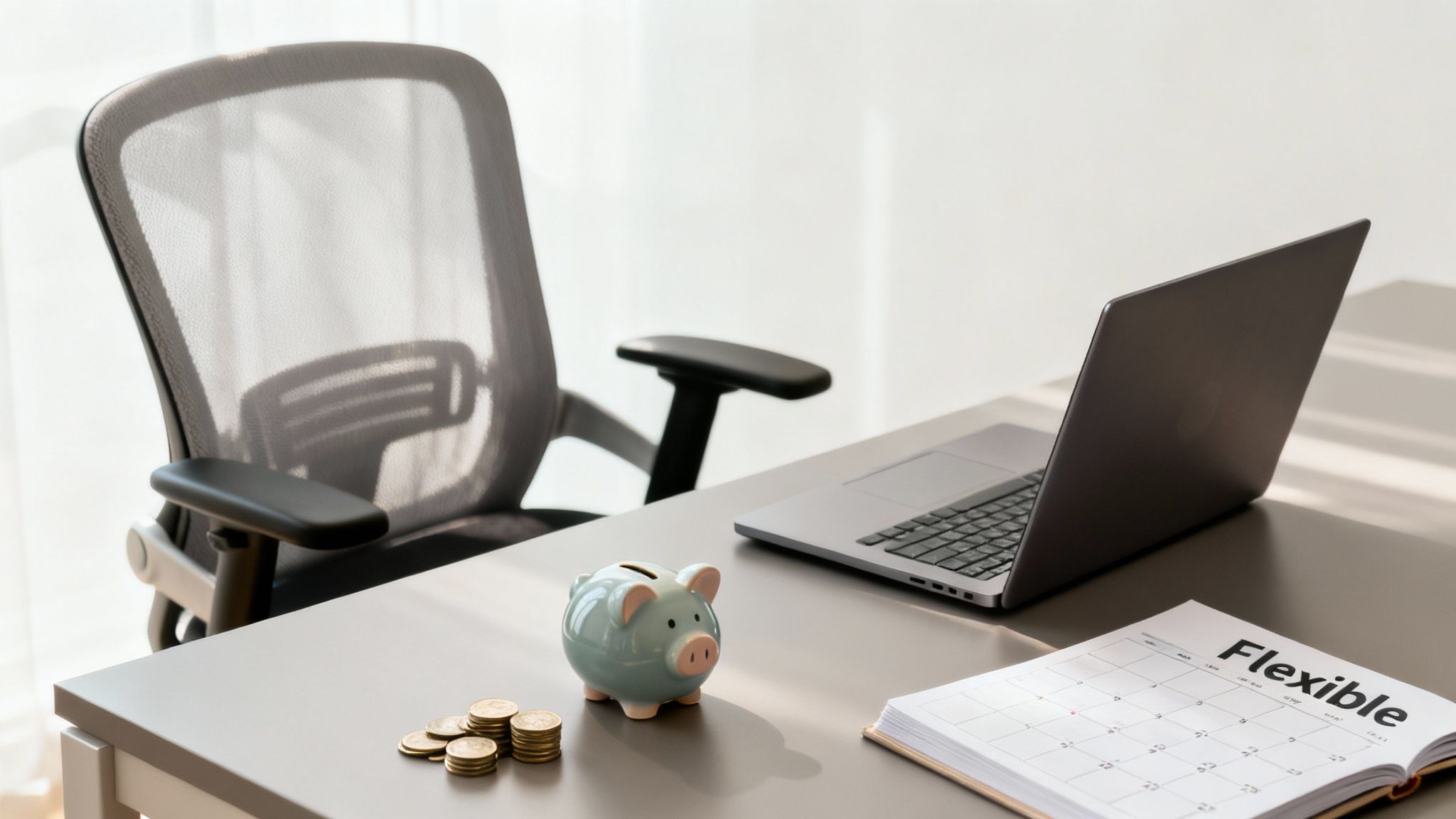 An office desk with a laptop, piggy bank, stacked coins, and a calendar marked 'Flexible'.