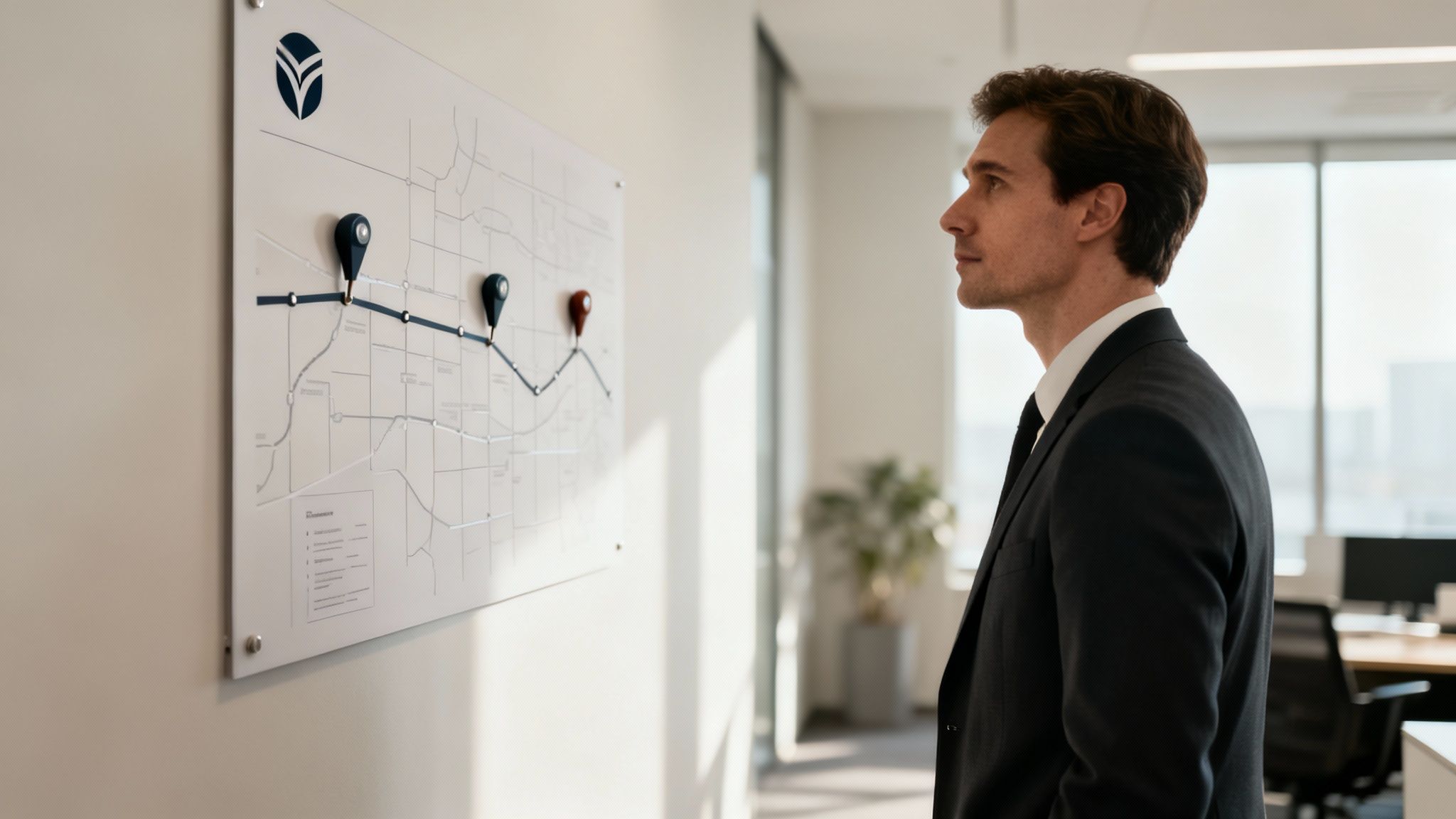 A businessman in a suit intently observes a wall-mounted route map with various marked locations.