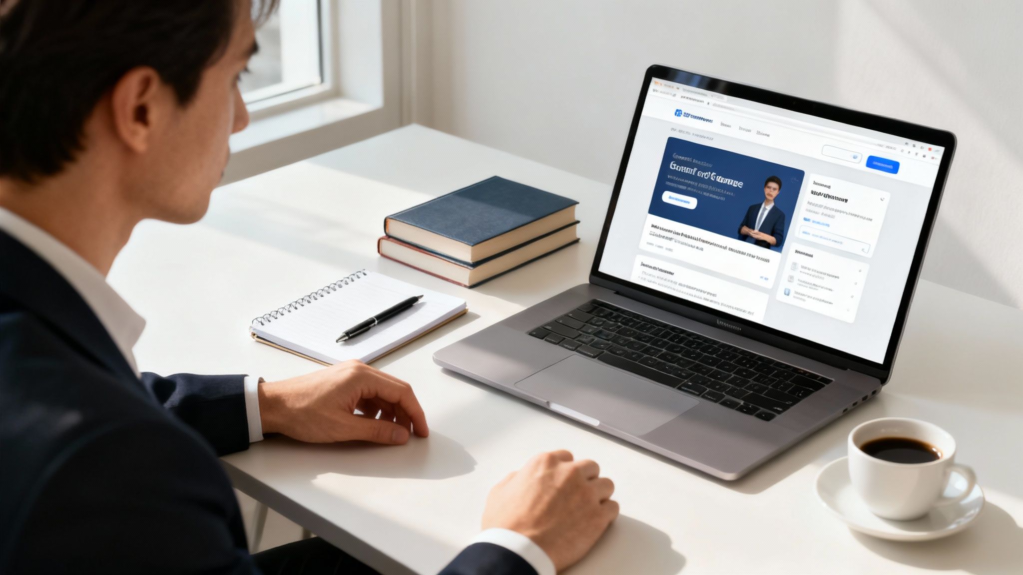 A man in a suit works on a laptop at a bright desk with books, a notebook, and coffee.