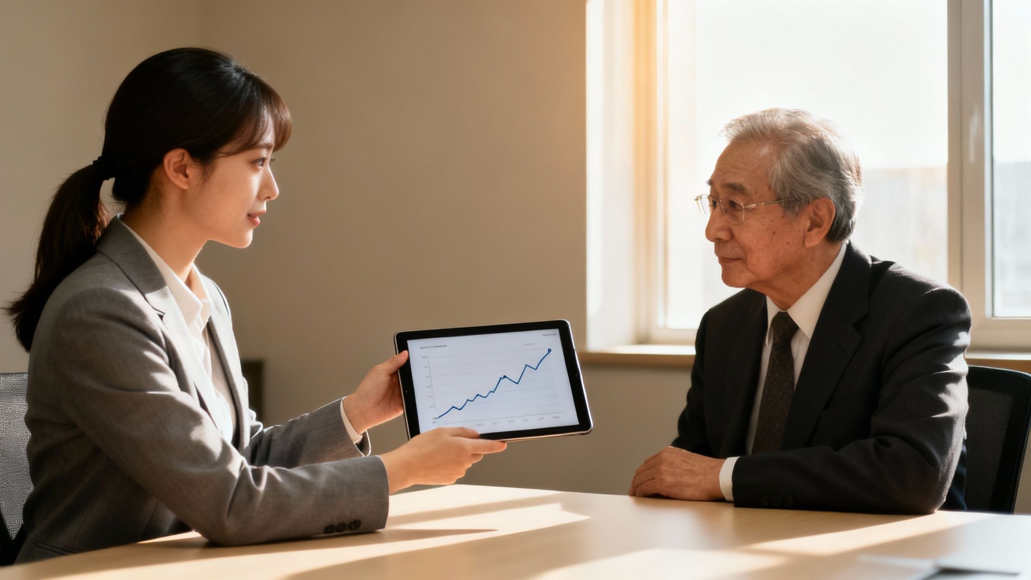 A young business professional presents a rising graph on a tablet to an older client.