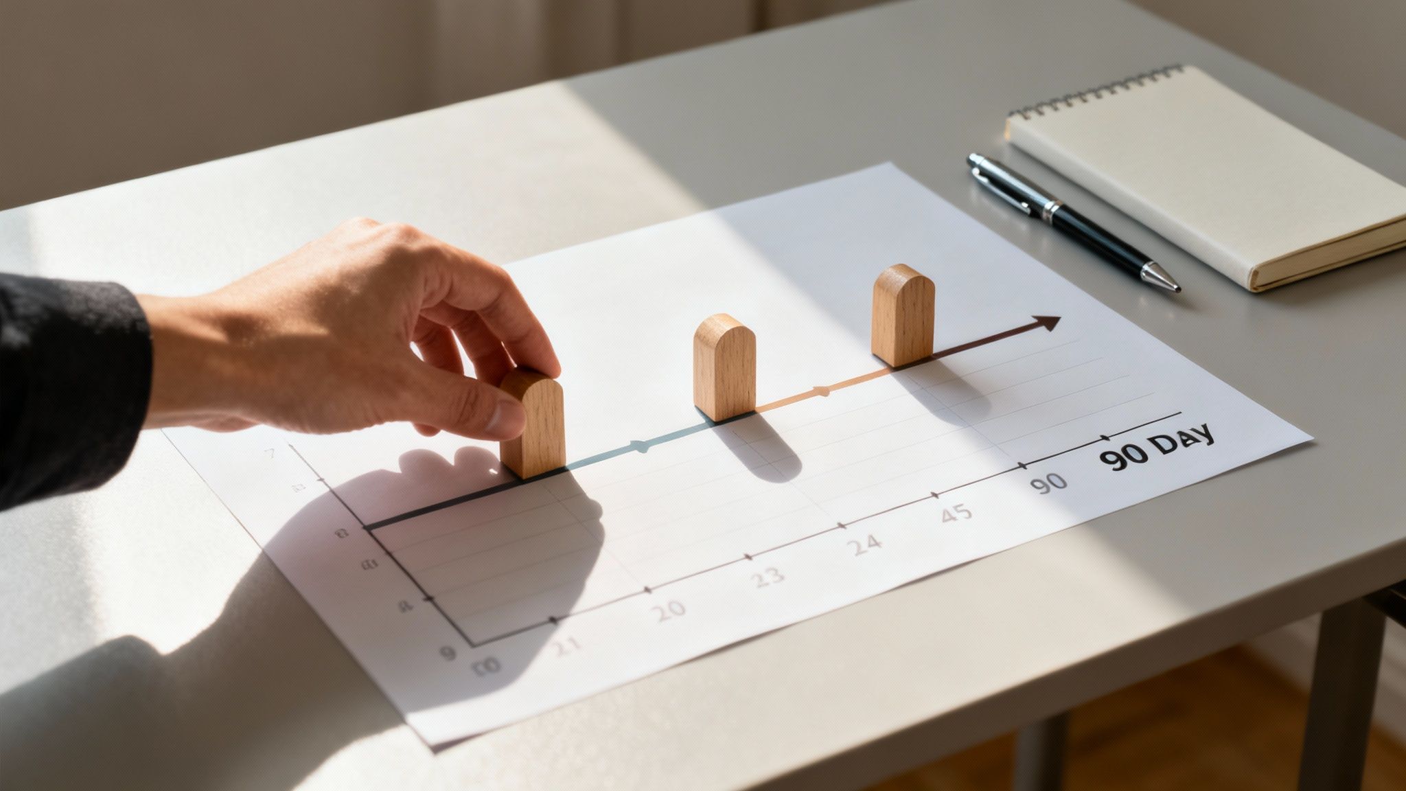 Hand placing a wooden block on a 90-day timeline chart, tracking project progress.