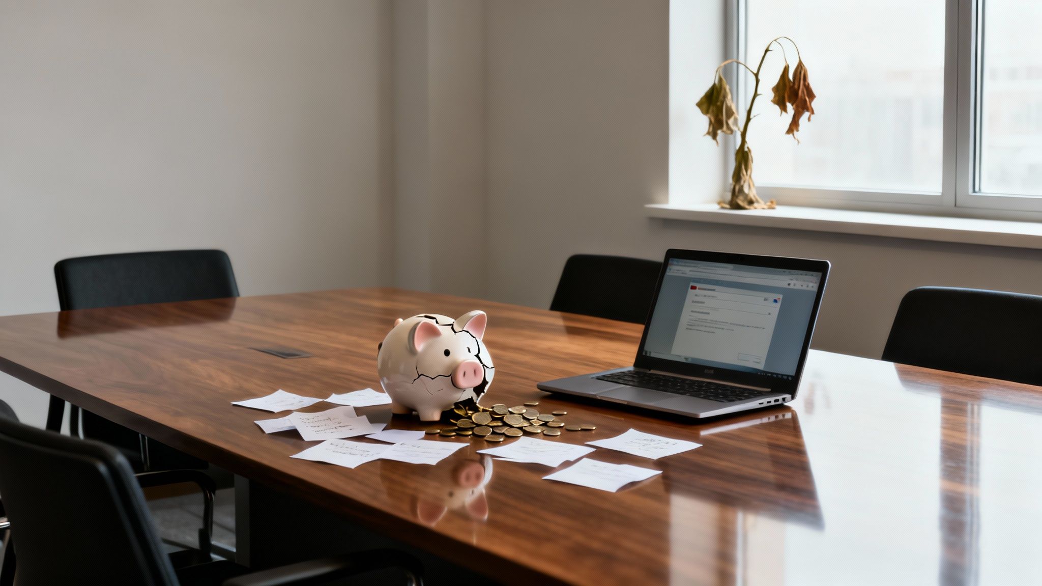 A broken piggy bank spilling coins on a conference table next to a laptop and papers, symbolizing financial distress.