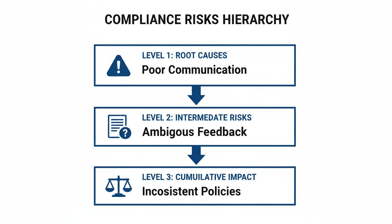 A hierarchy diagram illustrating compliance risks: poor communication leading to ambiguous feedback and inconsistent policies.
