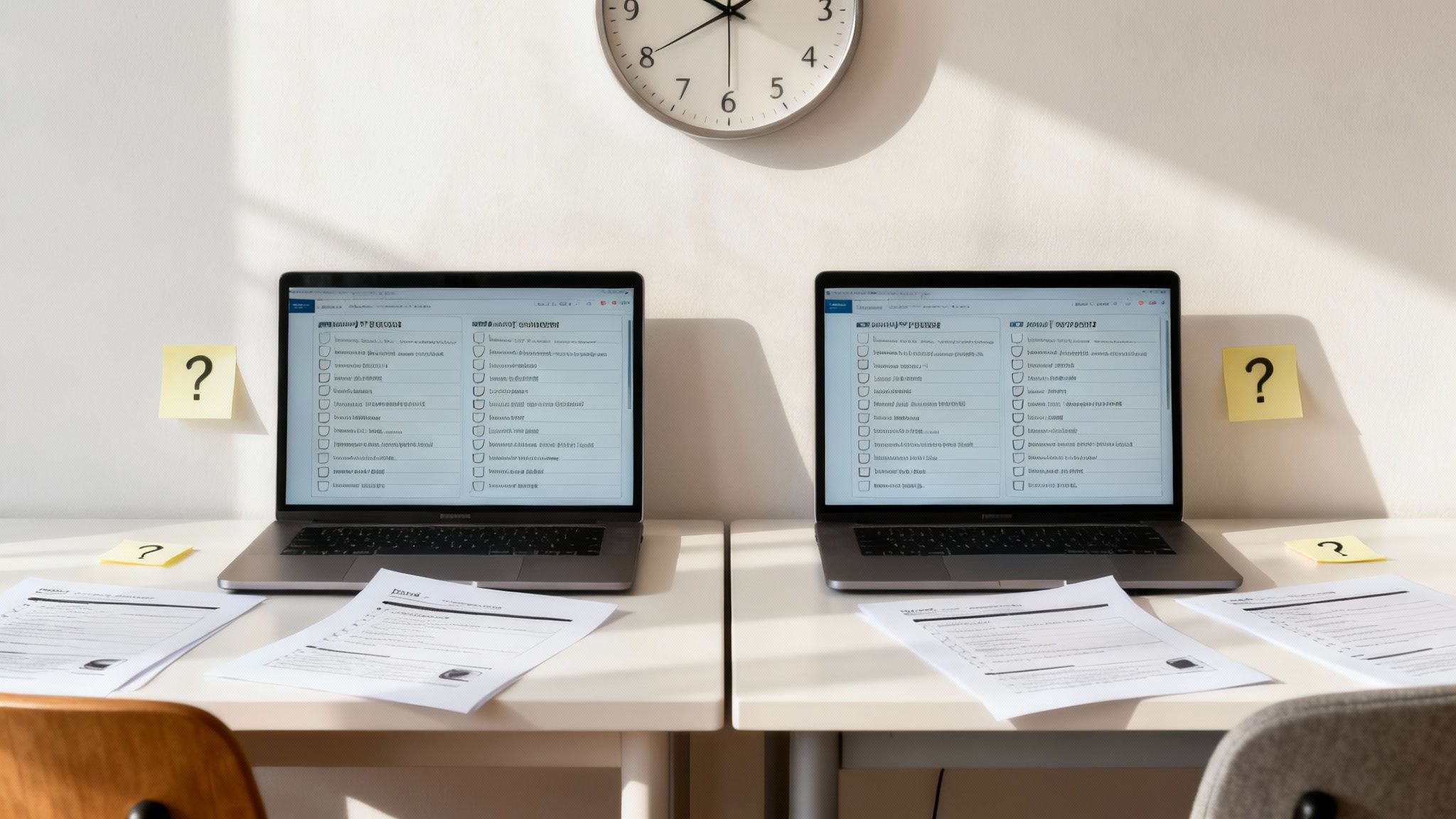 A workspace with two open laptops showing lists, scattered documents, and question mark sticky notes.