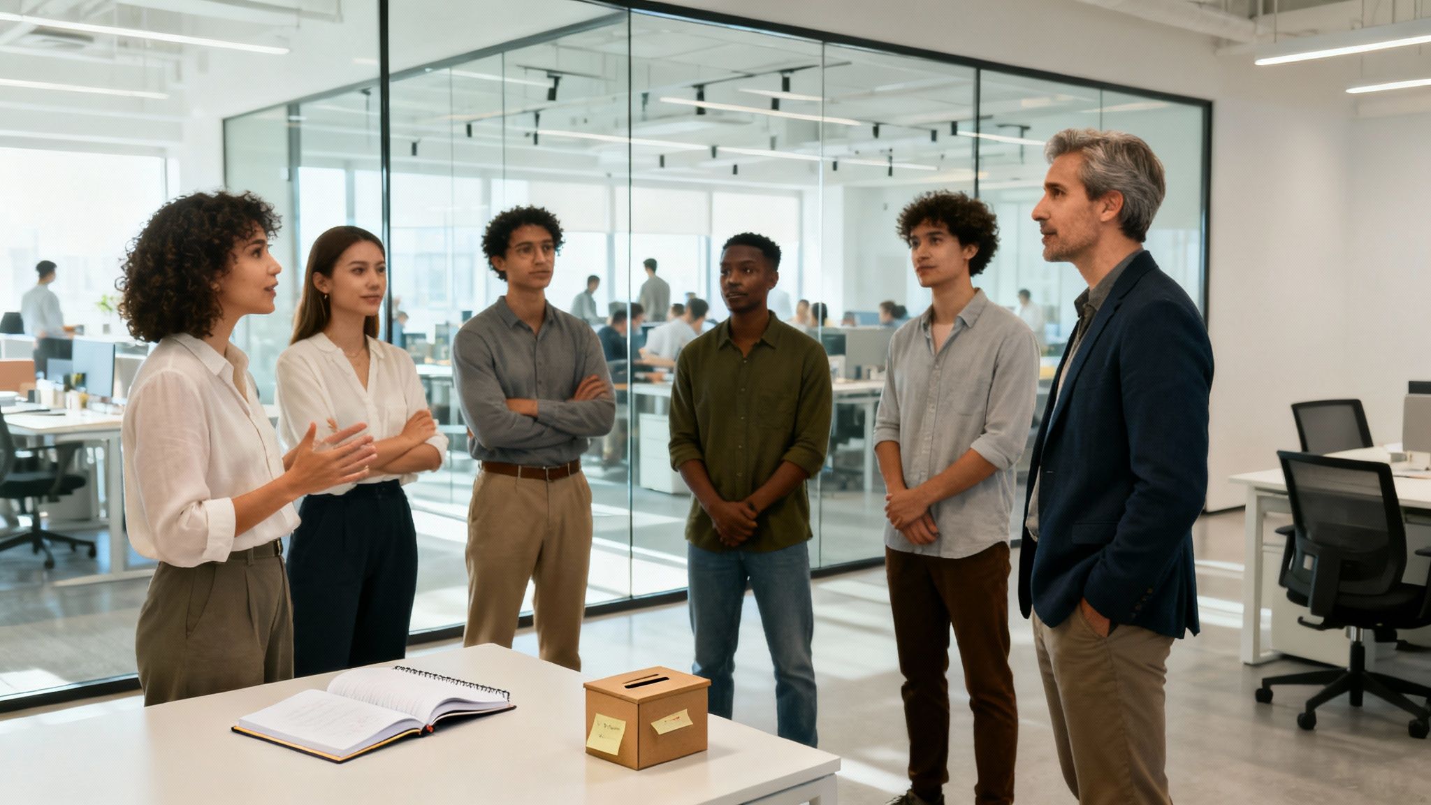 A diverse group of colleagues in a modern office listening to a woman speaking, with a suggestion box on the table.