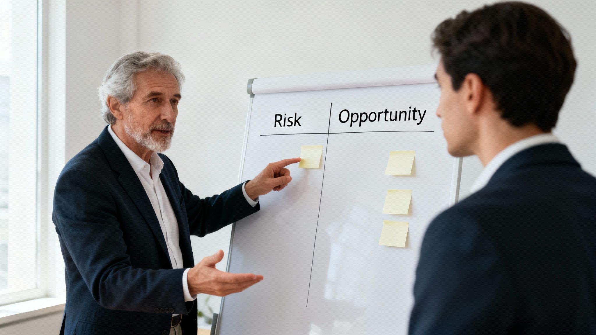 An experienced mentor explains risks and opportunities on a whiteboard to a younger colleague.