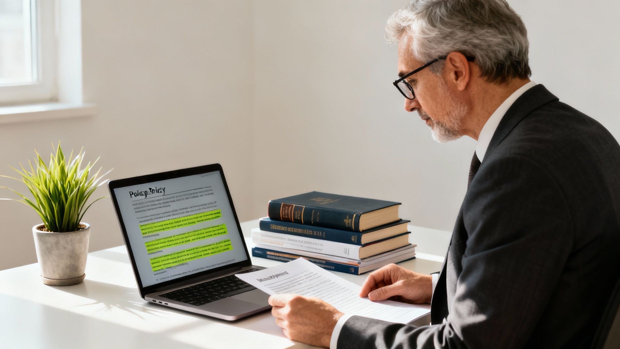 A professional man intently reviews documents on a laptop and paper, surrounded by books.