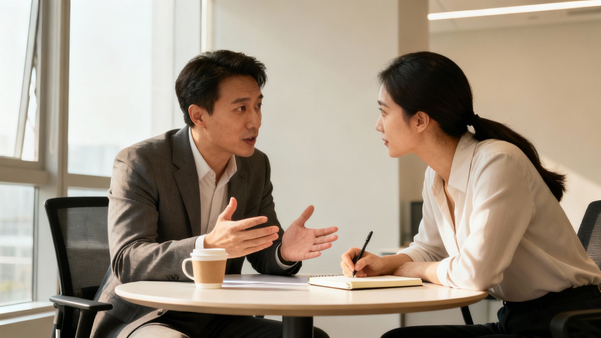 A male mentor guides a female mentee during an office meeting, with both engaged in discussion.