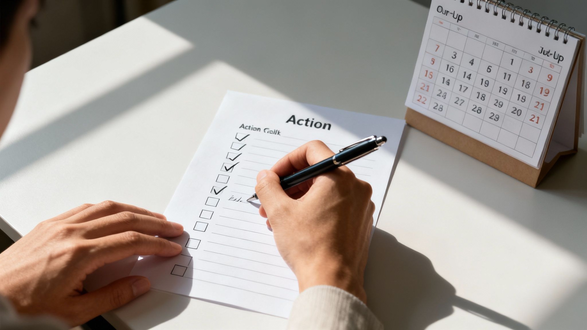 Person completing a task checklist with a pen, next to a desk calendar.