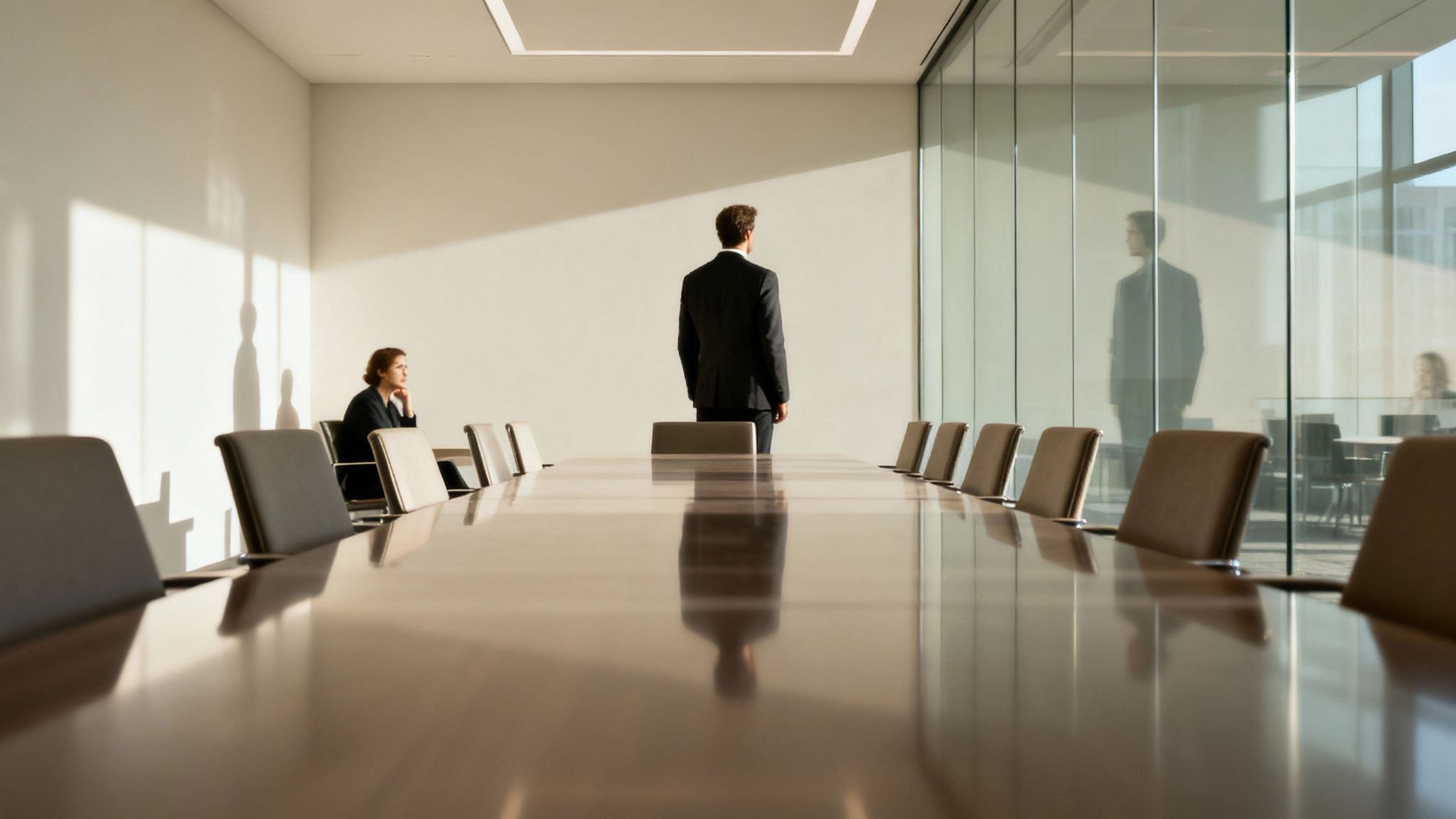 Two business professionals in a sleek, sunlit boardroom with a long reflective table.