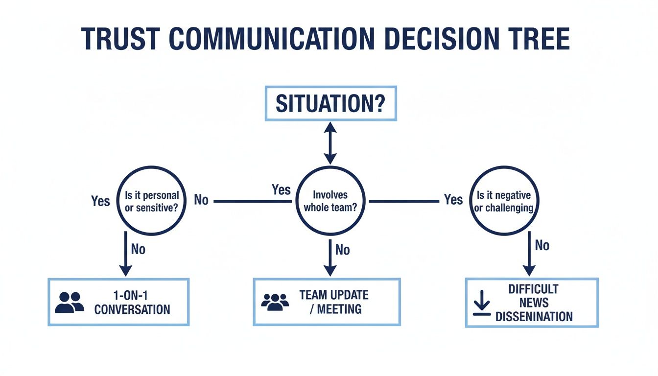 A trust communication decision tree flowchart, guiding users to choose appropriate methods based on situation details.