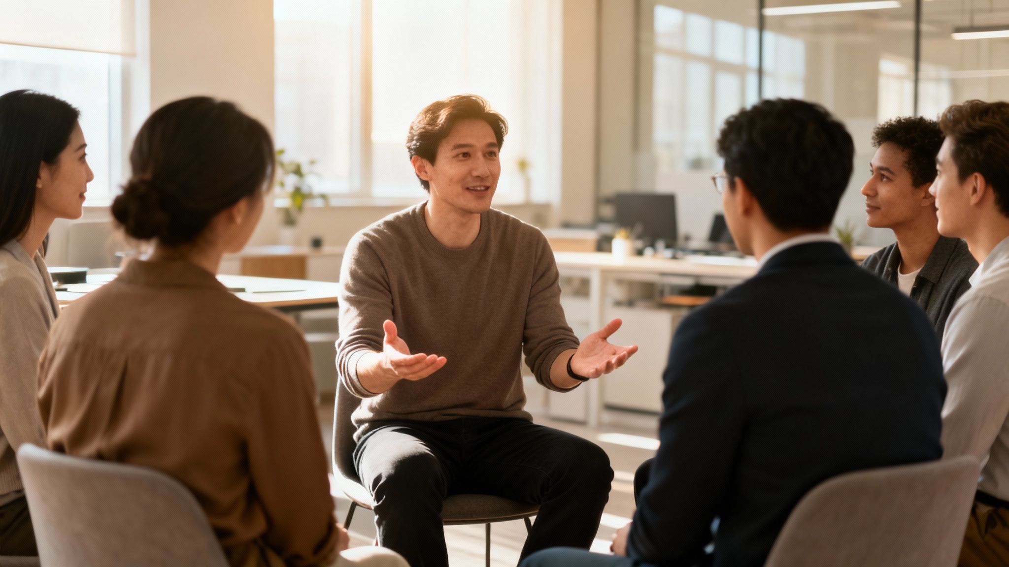 Diverse young professionals engaged in a group discussion, with one man speaking in a bright office.