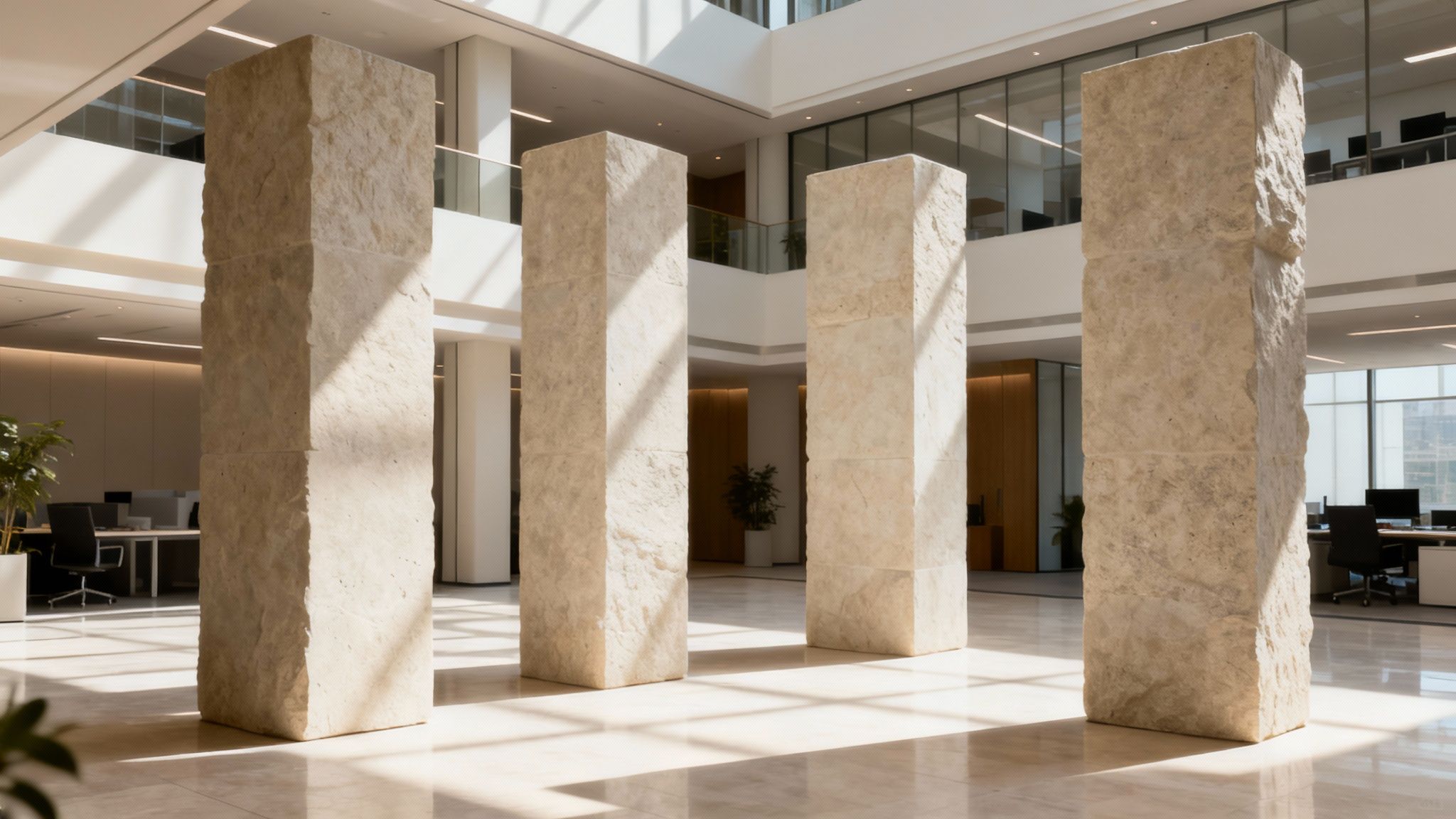 Four large, textured stone pillars stand prominently in a sunlit modern office interior with desks.