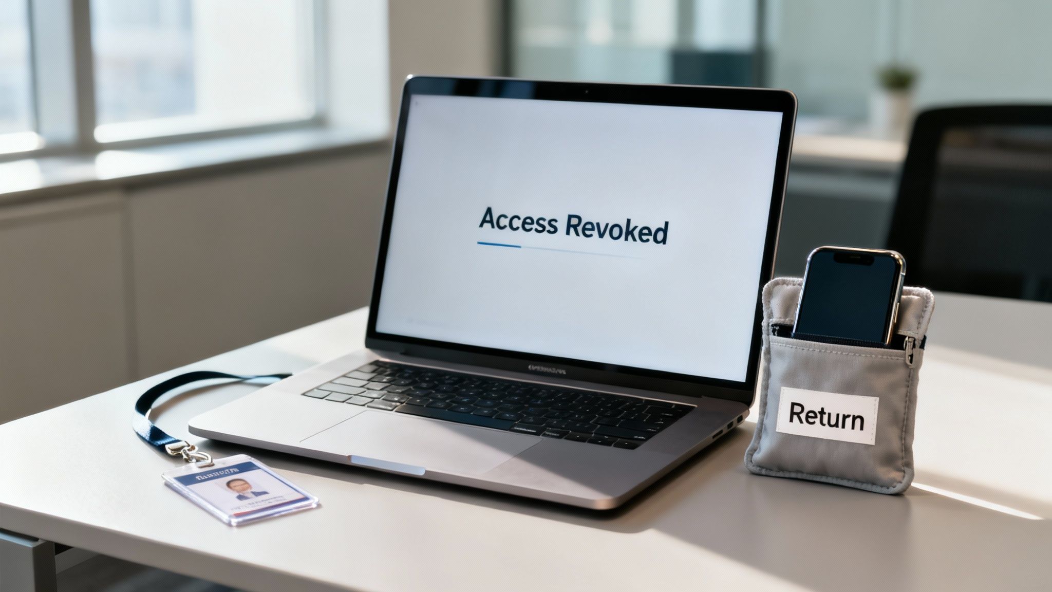 A laptop screen displays 'Access Revoked' next to an employee ID badge and a phone in a 'Return' pouch.