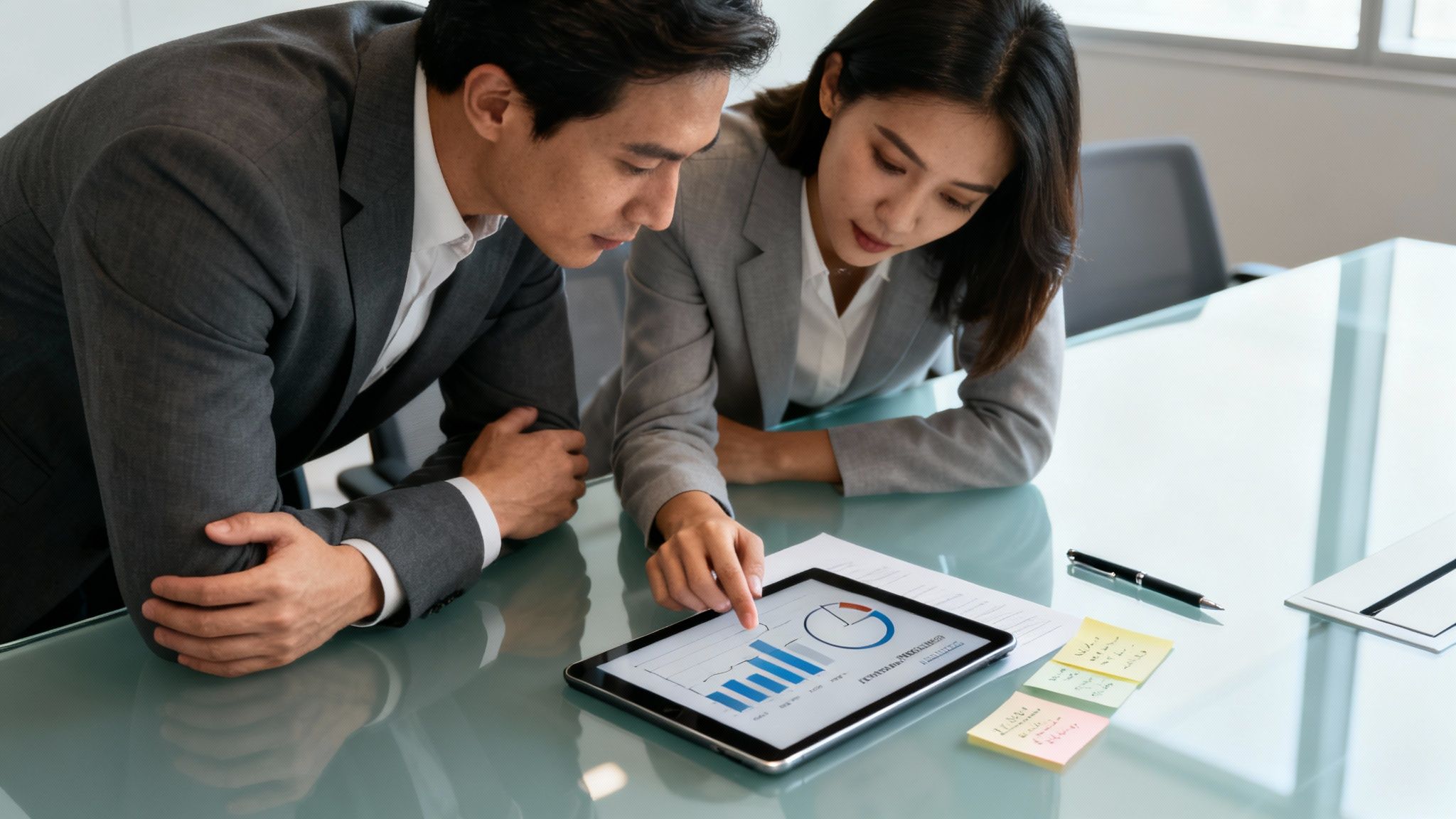 Two business professionals analyzing data on a tablet with charts and graphs in an office meeting.