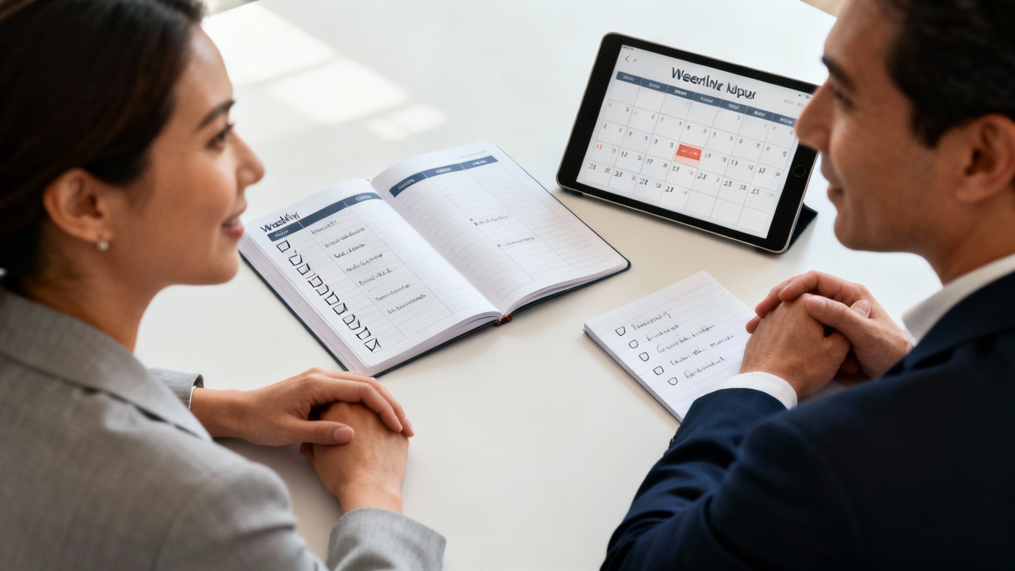Two professionals discuss plans using a physical planner, digital calendar on a tablet, and a notepad.