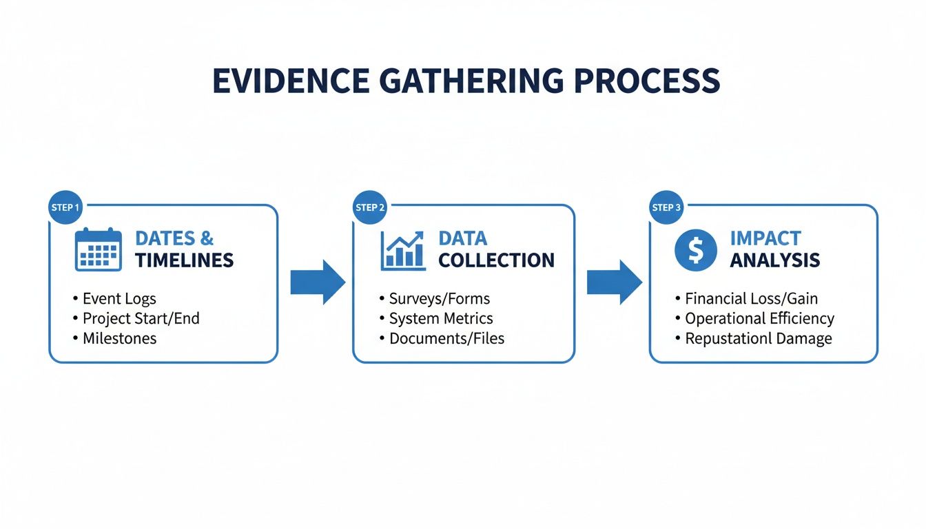 A three-step evidence gathering process flow: Dates & Timelines, Data Collection, and Impact Analysis.