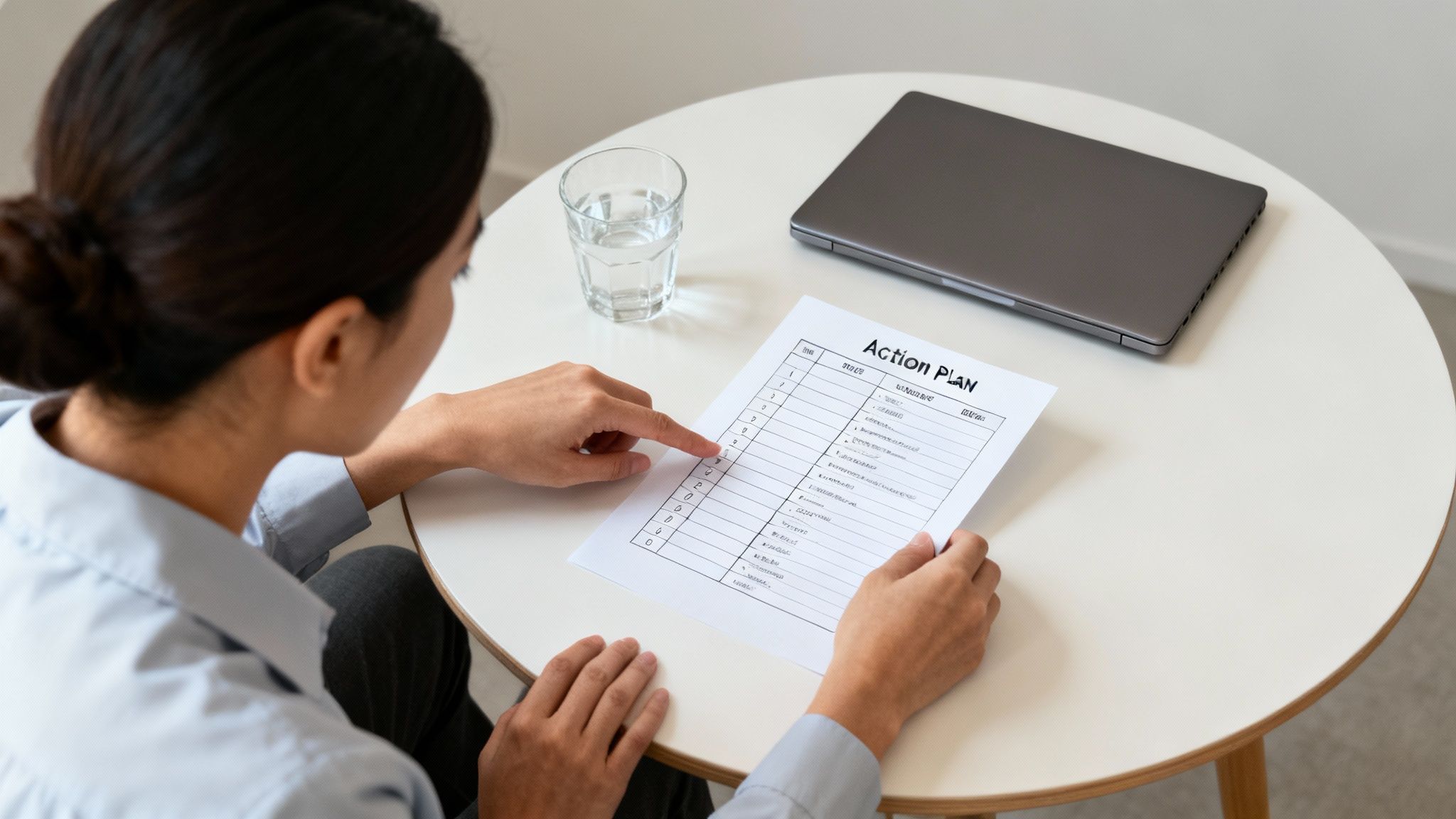 A person reviewing an action plan document, pointing at a line item on a white table.
