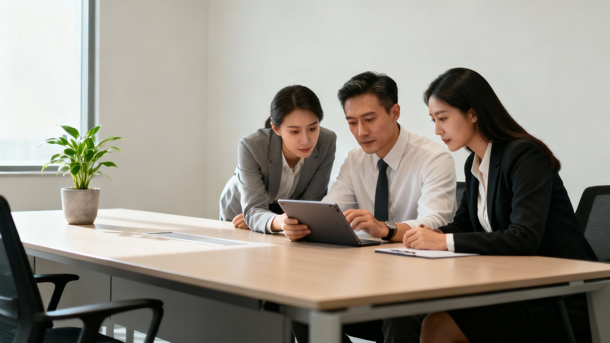 Three business professionals, two women and one man, collaborating in an office, looking at a tablet.