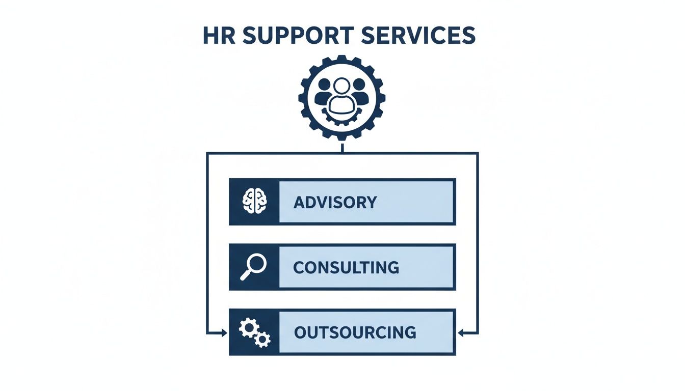 Diagram illustrating HR Support Services with icons for Advisory, Consulting, and Outsourcing.