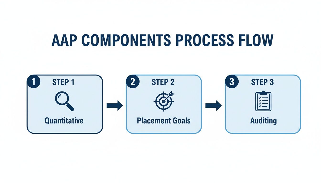 A three-step process flow diagram for AAP components: Quantitative, Placement Goals, and Auditing.