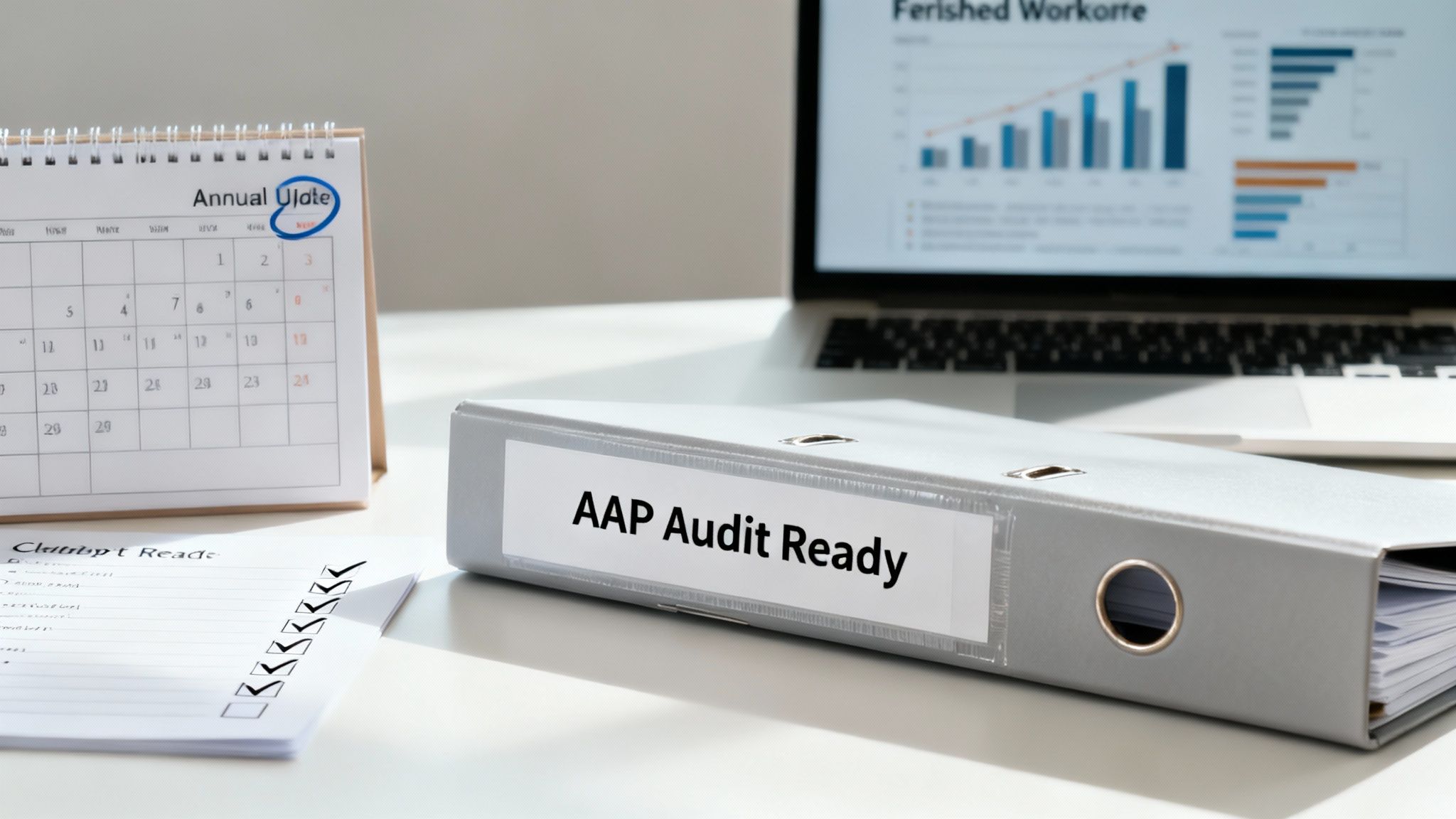A desk with an 'AAP Audit Ready' binder, a calendar showing 'Annual Update', a checklist, and a laptop.