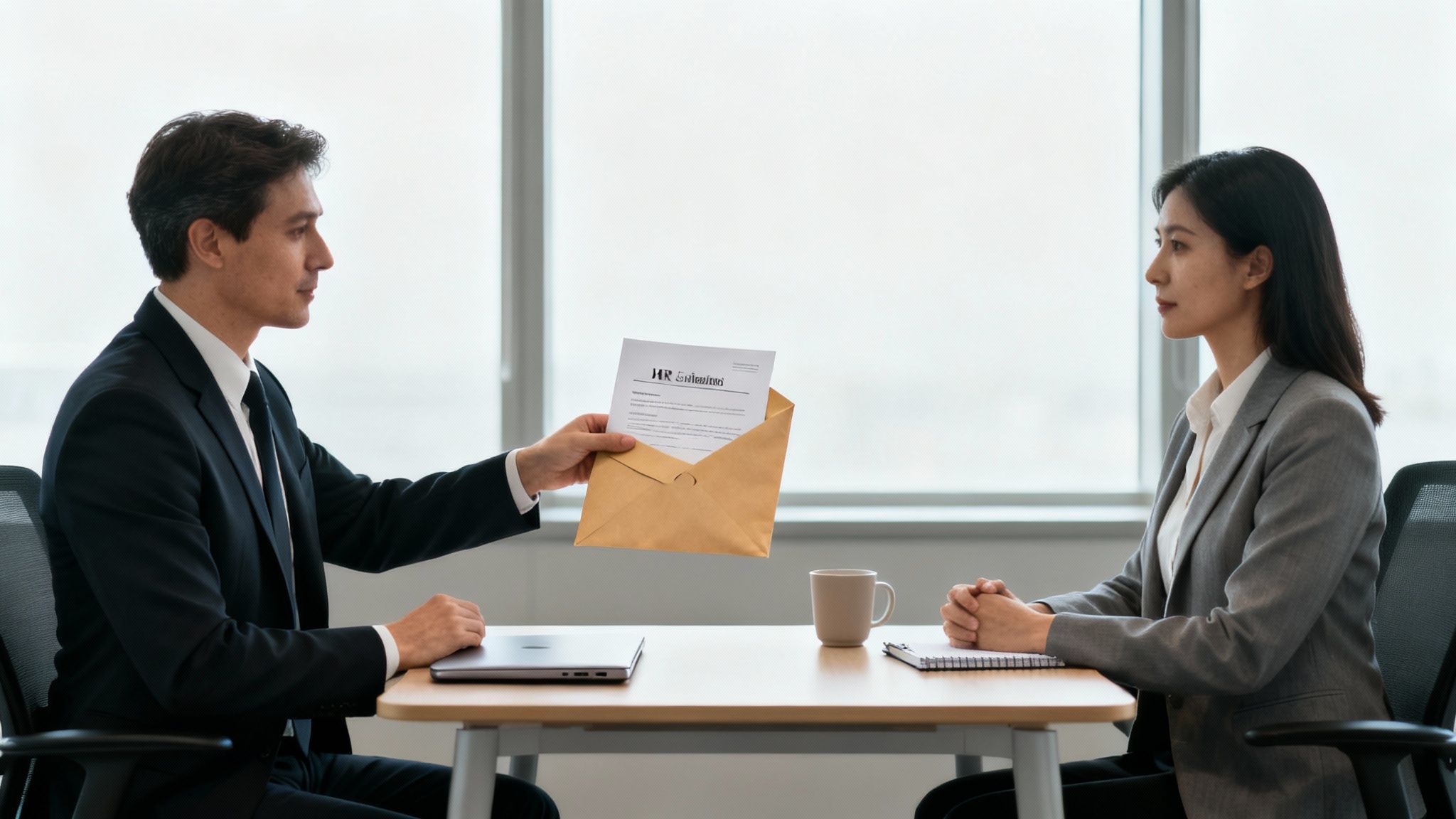 A businessman hands an HR document in an envelope to a woman in a formal meeting.