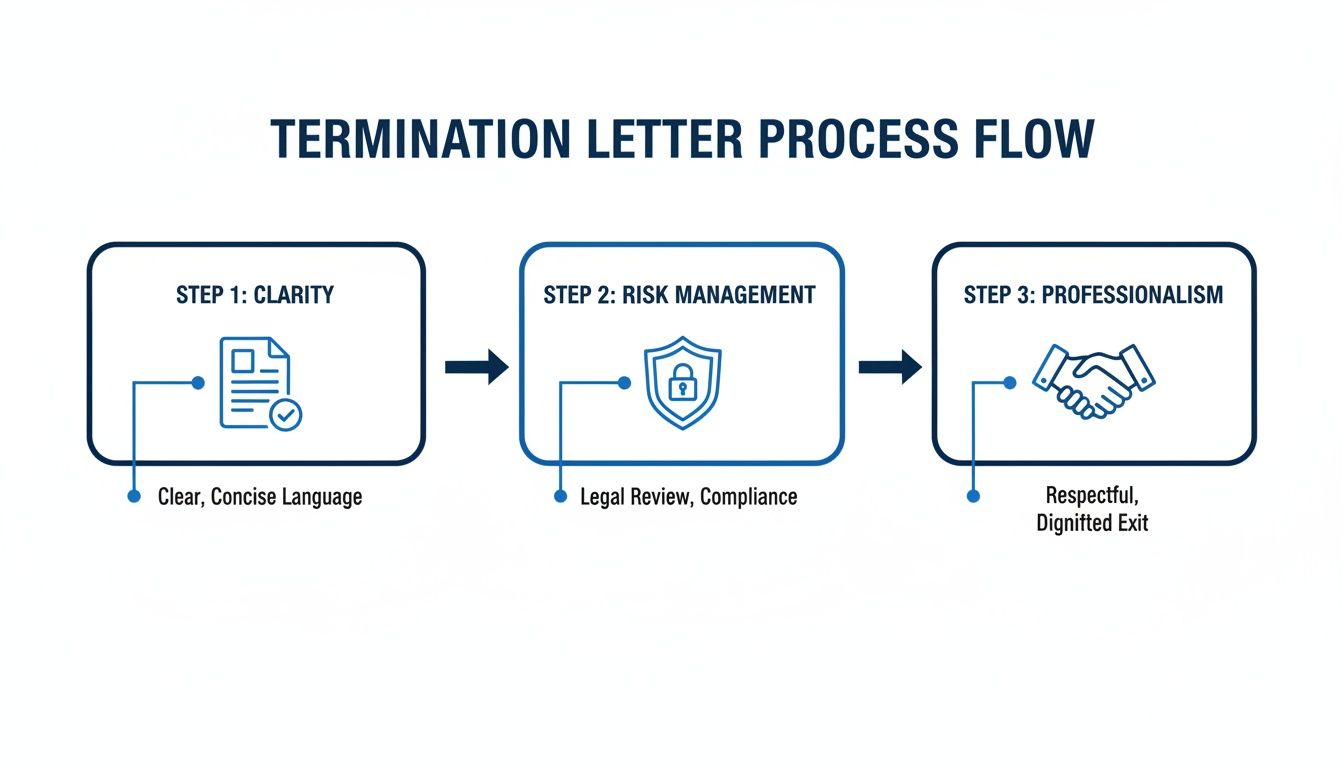 A flowchart showing the three-step termination letter process: clarity, risk management, and professionalism.