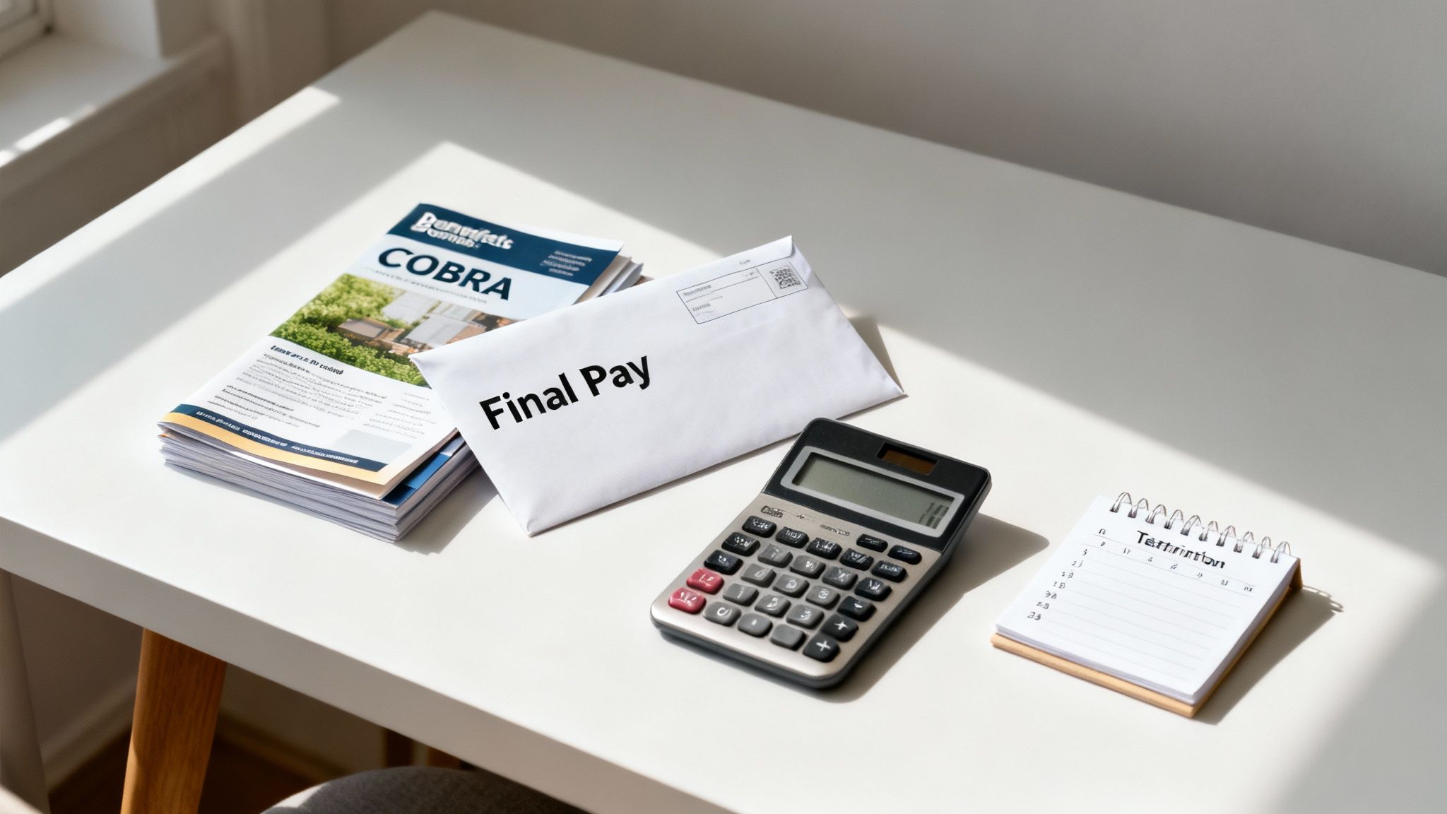 Desk with COBRA benefits, final pay envelope, calculator, and termination notepad for job end.