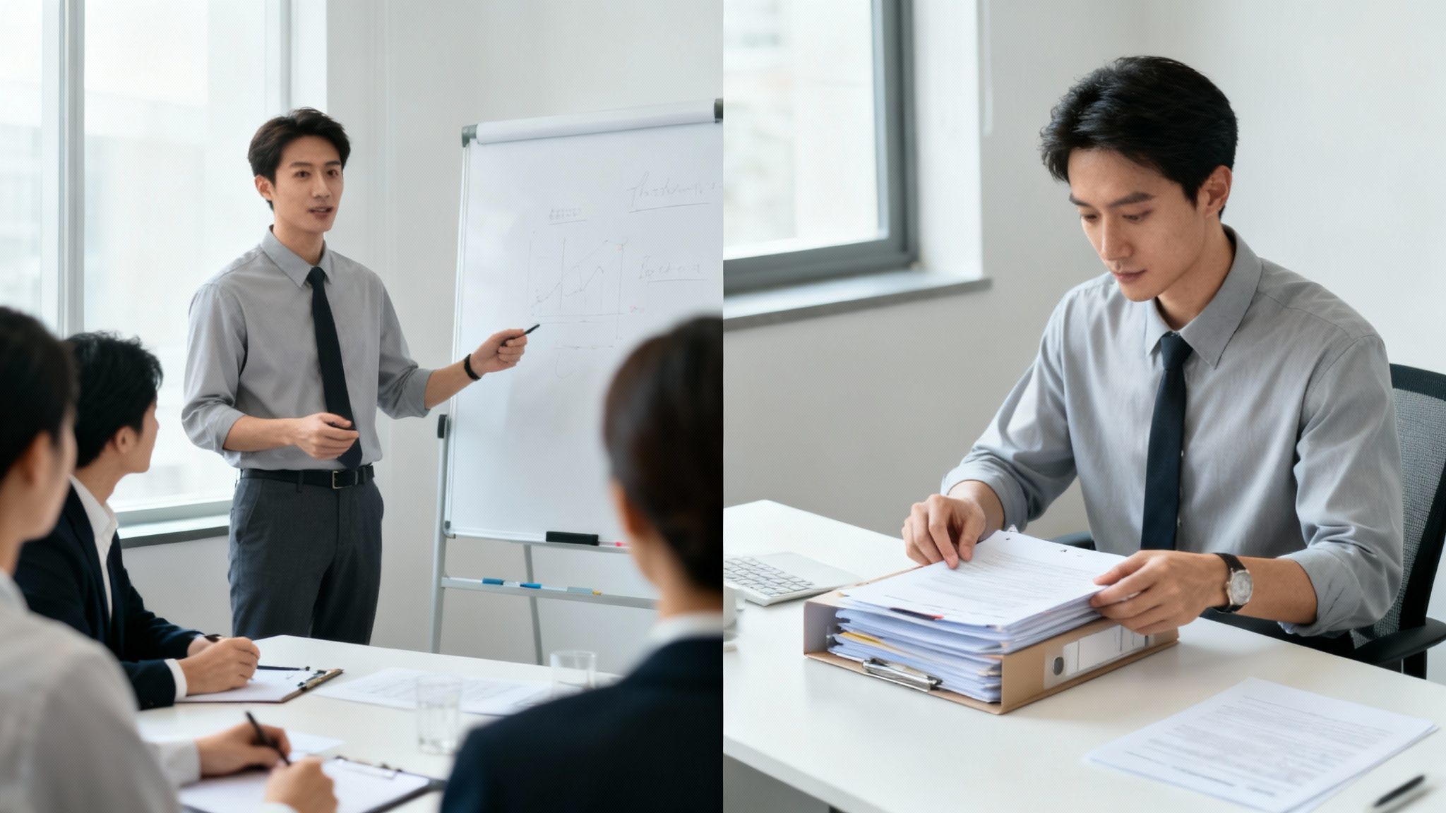A man presents to colleagues in a meeting, then works on documents at his office desk.