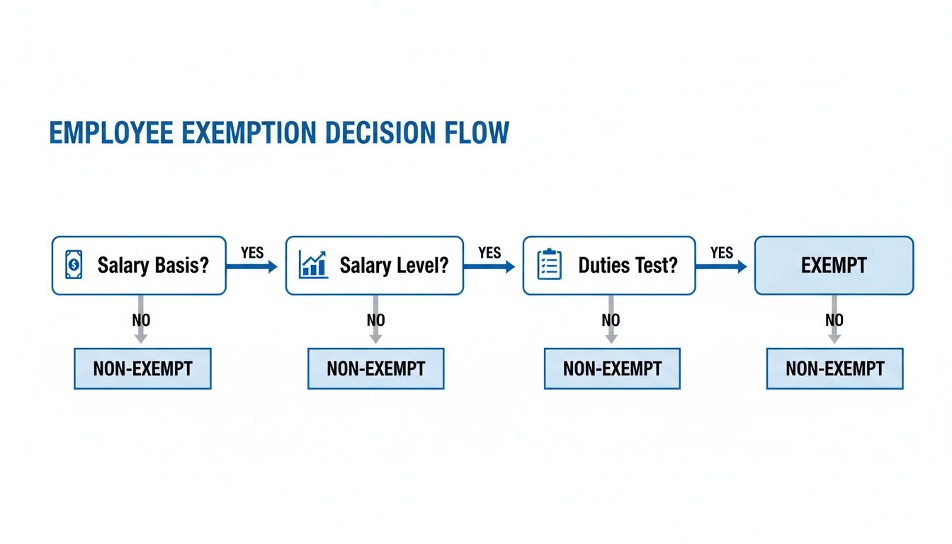 Flowchart illustrating the employee exemption decision process, covering salary basis, salary level, and duties test.