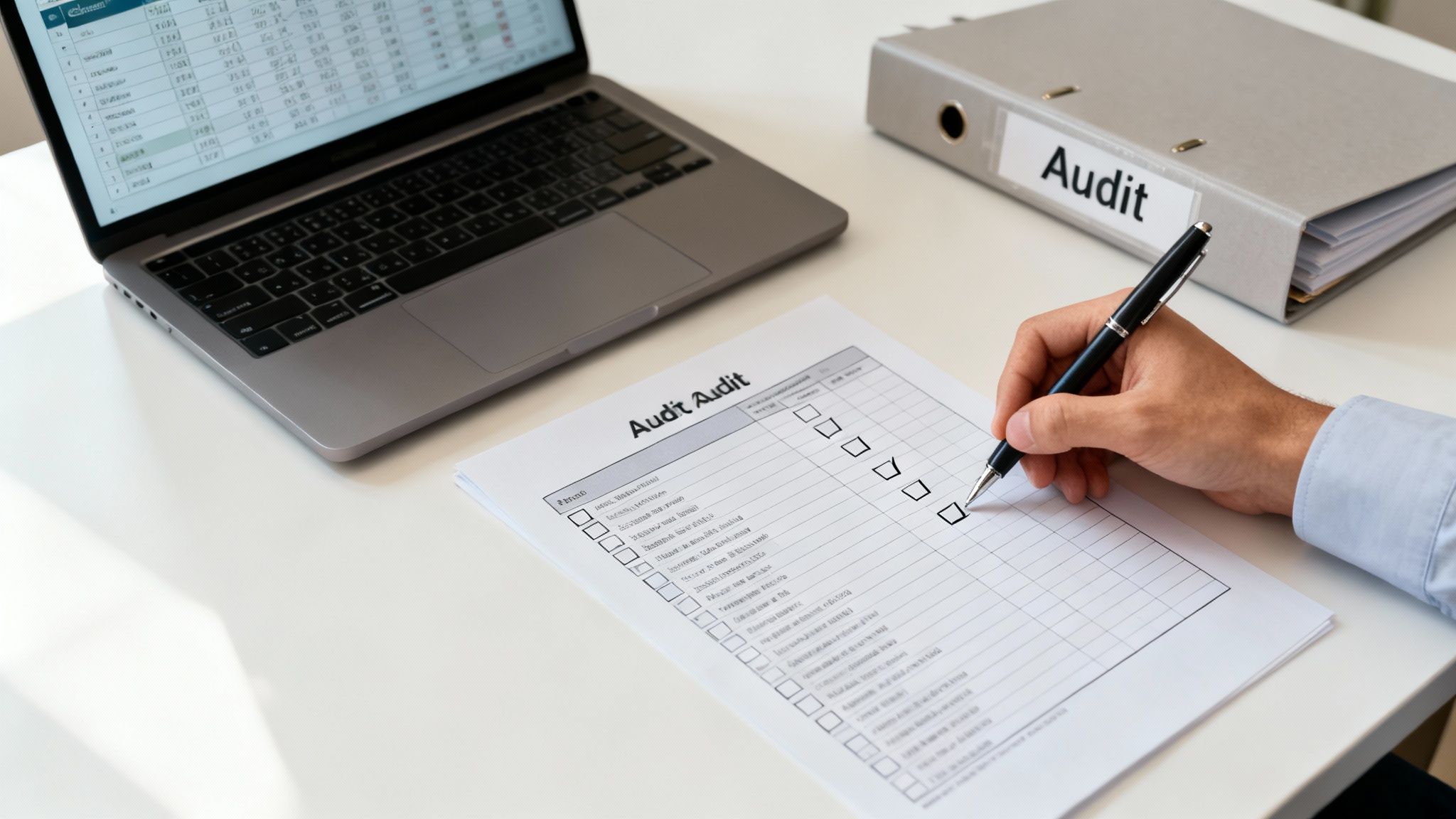 A hand filling out an audit checklist with a pen, next to a laptop and 'Audit' binder.
