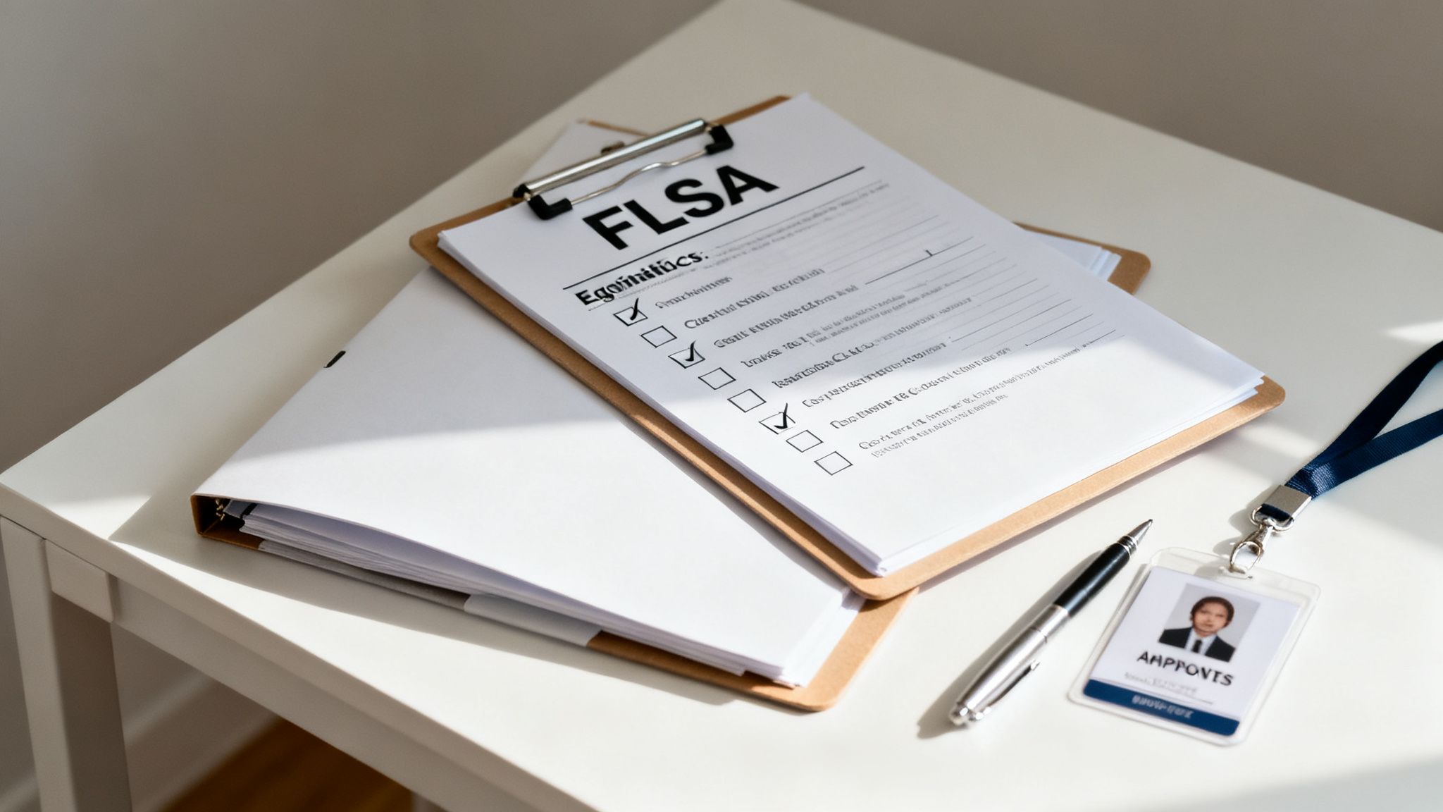 A clipboard with a FLSA checklist, documents, a pen, and an ID badge on a white desk.