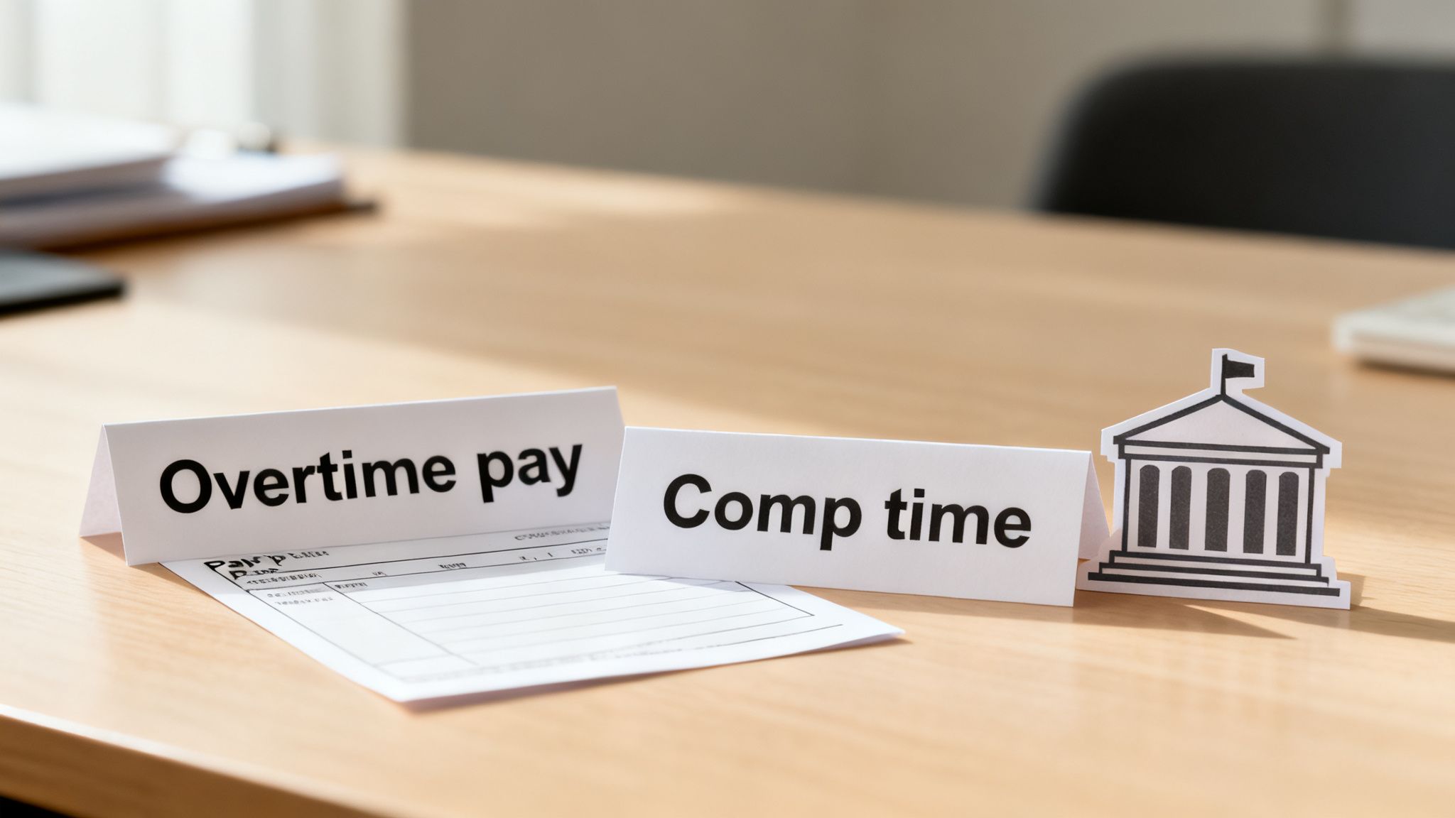 Paper signs on a desk comparing 'Overtime pay' and 'Comp time' next to a building cutout and pay stub.