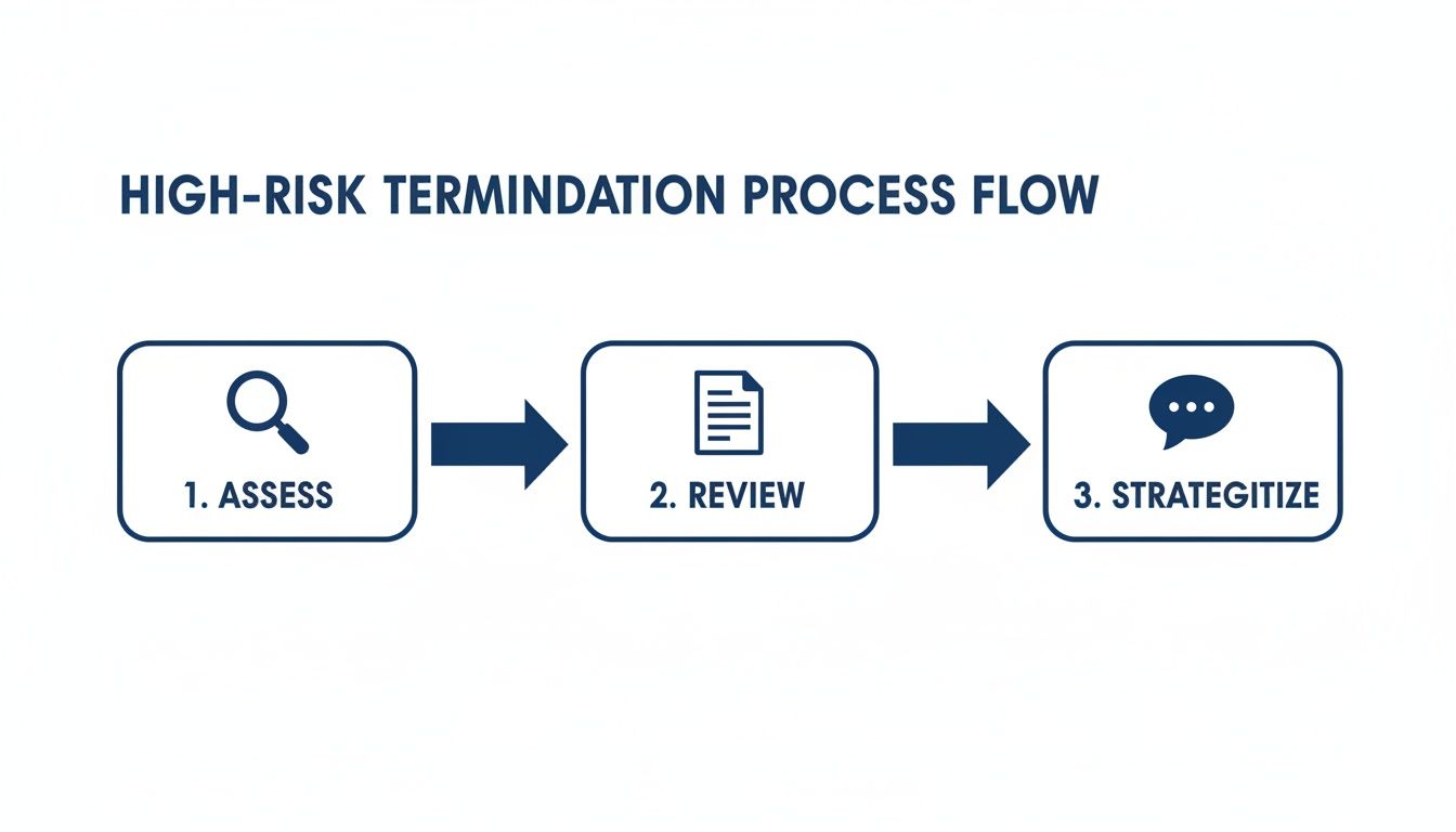Diagram illustrating a three-step high-risk termination process flow: assess, review, and strategize.