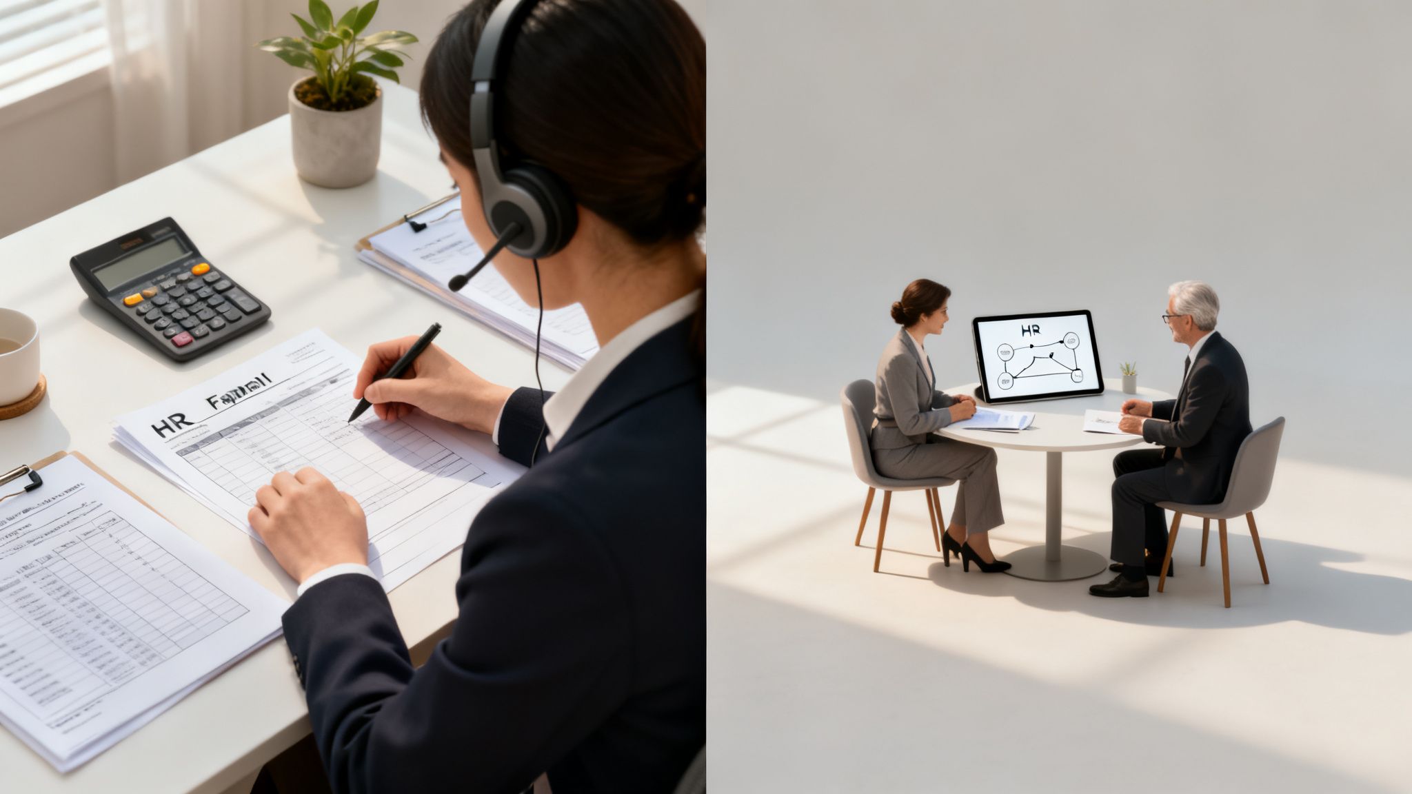 Two scenes of HR support: a person completing an HR form and two professionals discussing an HR diagram.