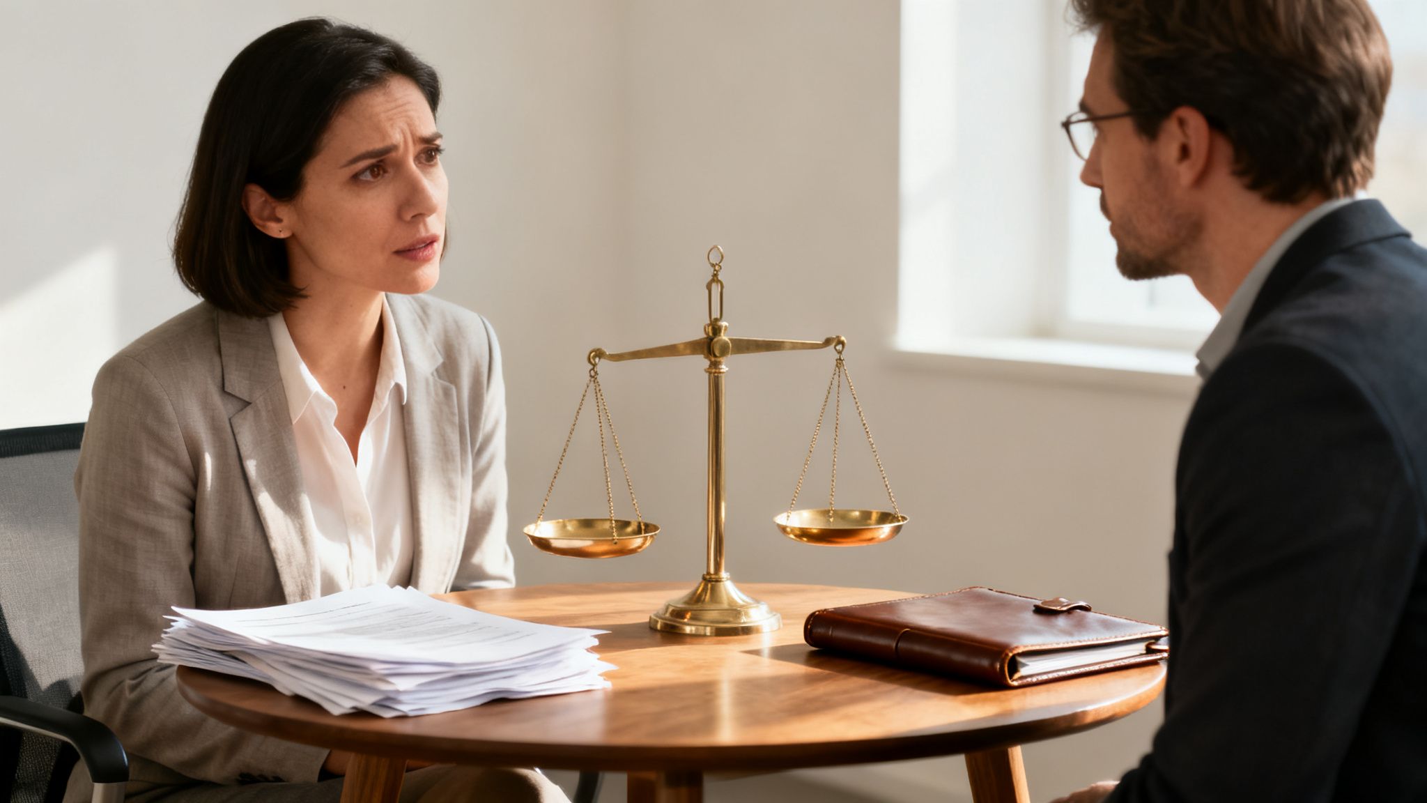 A concerned woman and a man discuss legal matters at a table with a prominent scale of justice.