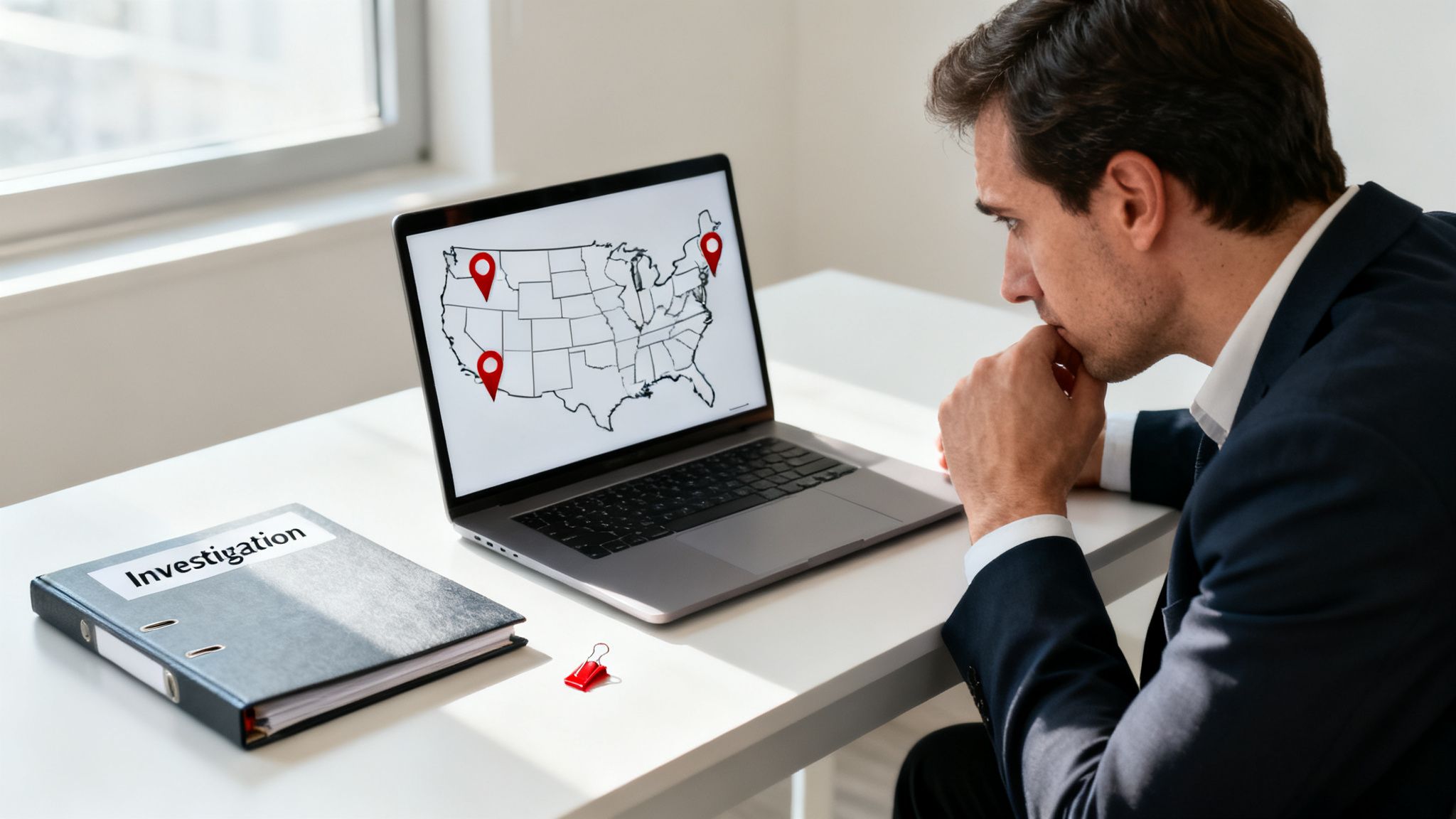 A man investigates locations on a US map displayed on his laptop, next to an "Investigation" binder.