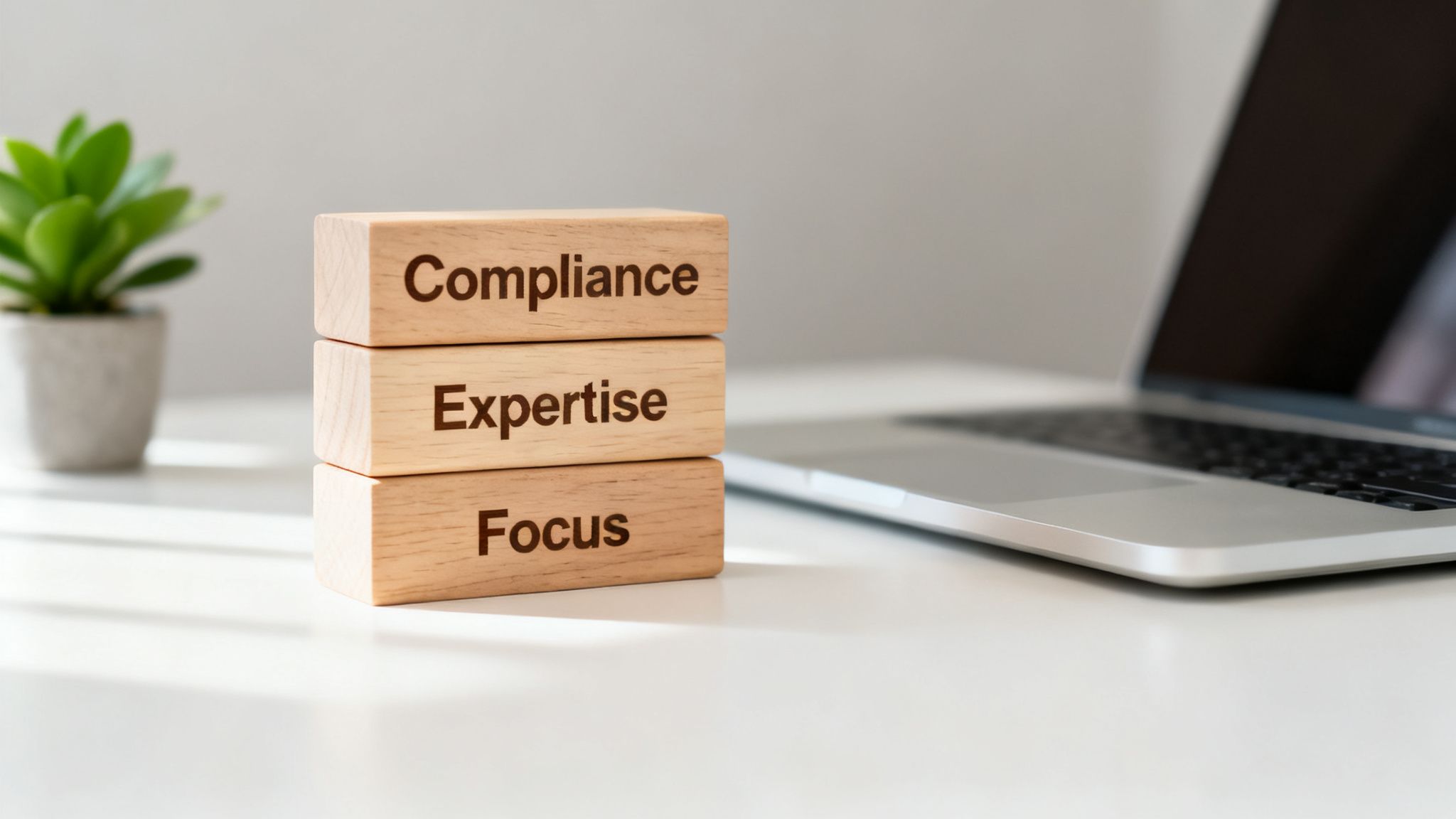 Three stacked wooden blocks on a white desk read 'Compliance', 'Expertise', 'Focus' next to a laptop.