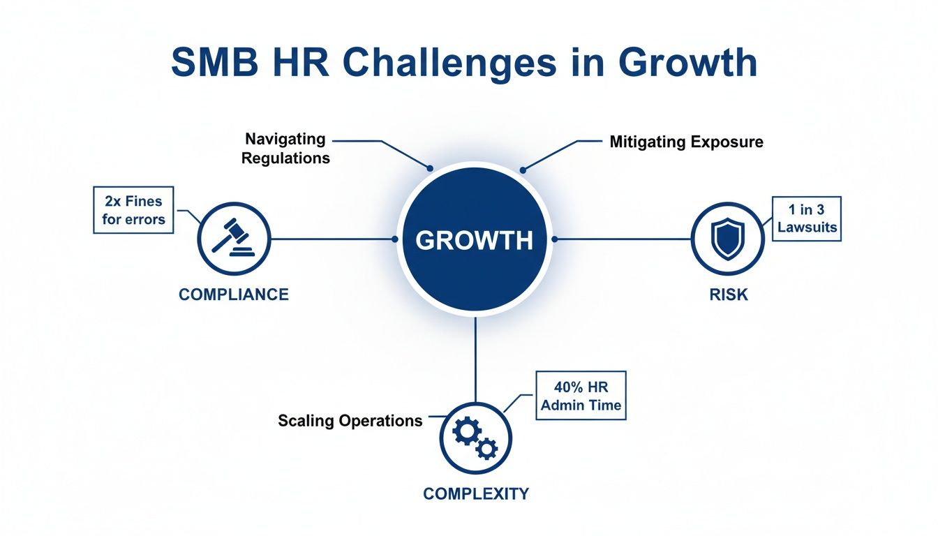 Infographic illustrating Small and Medium Business HR challenges related to growth, compliance, risk, and operational complexity.