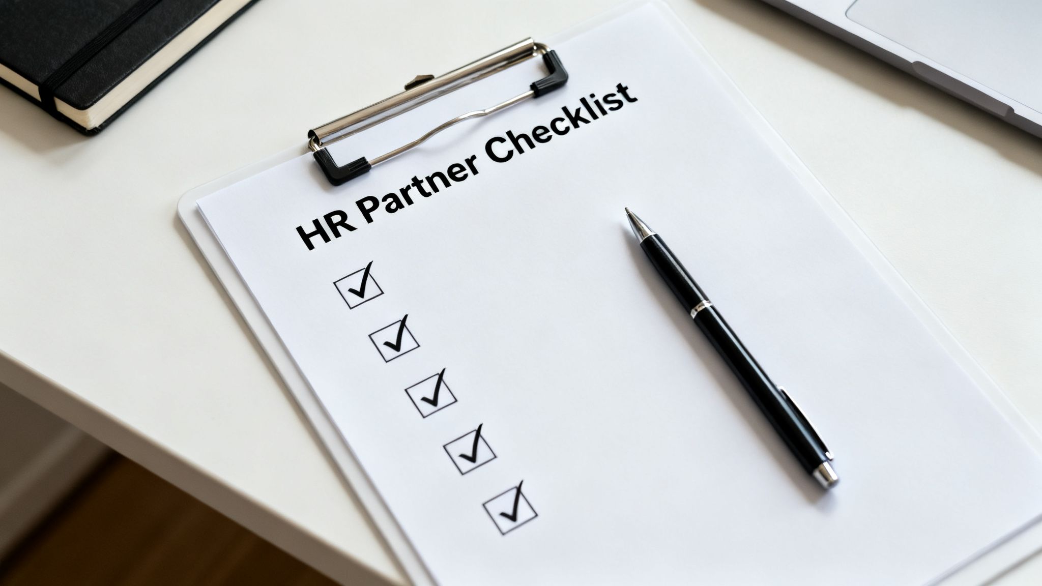 A close-up of an 'HR Partner Checklist' document on a clipboard, with checked boxes and a pen on a white desk.