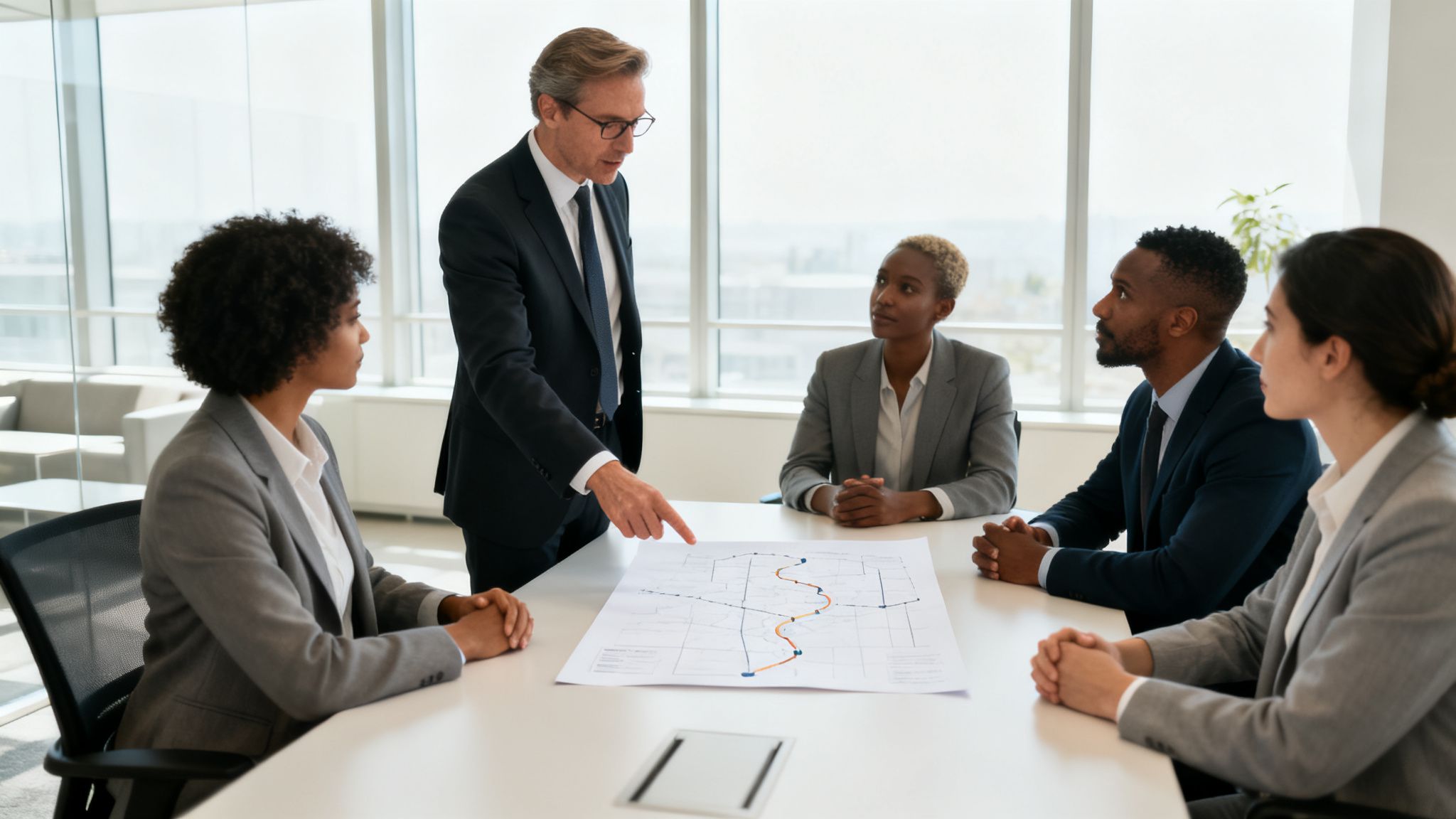 A diverse team of business professionals discusses a map or diagram during a meeting in a modern office.