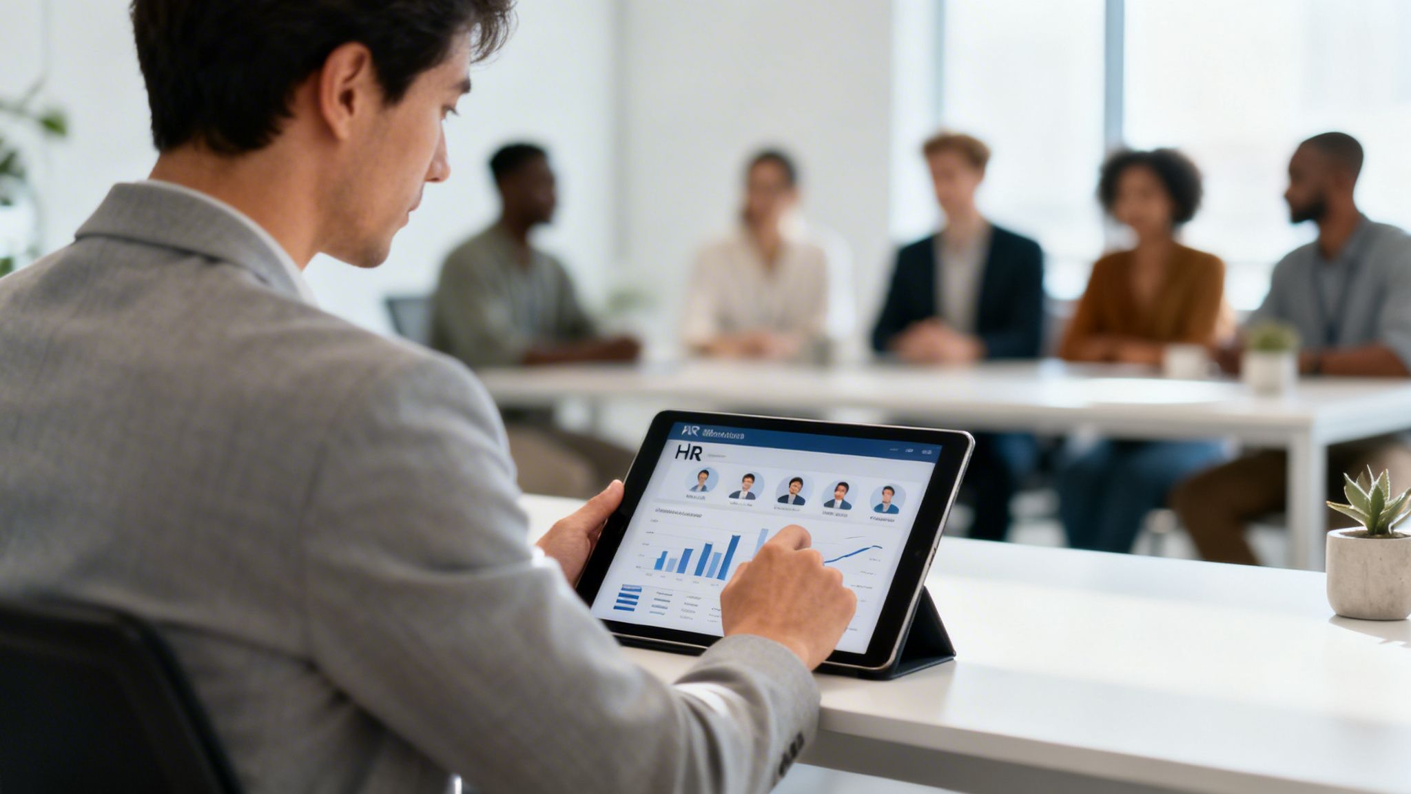 A man reviews an HR dashboard on a tablet during a business meeting in an office.