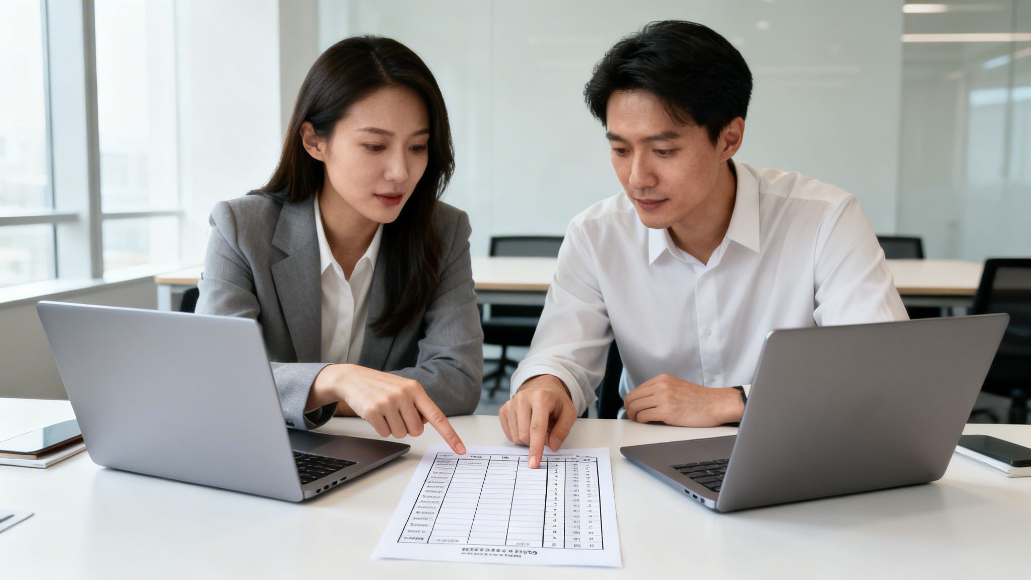 Two Asian business professionals in an office reviewing a document and using laptops.
