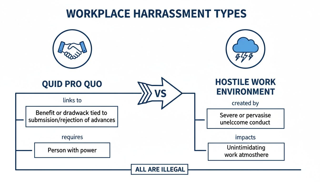 Diagram explaining the difference between Quid Pro Quo and Hostile Work Environment harassment types.