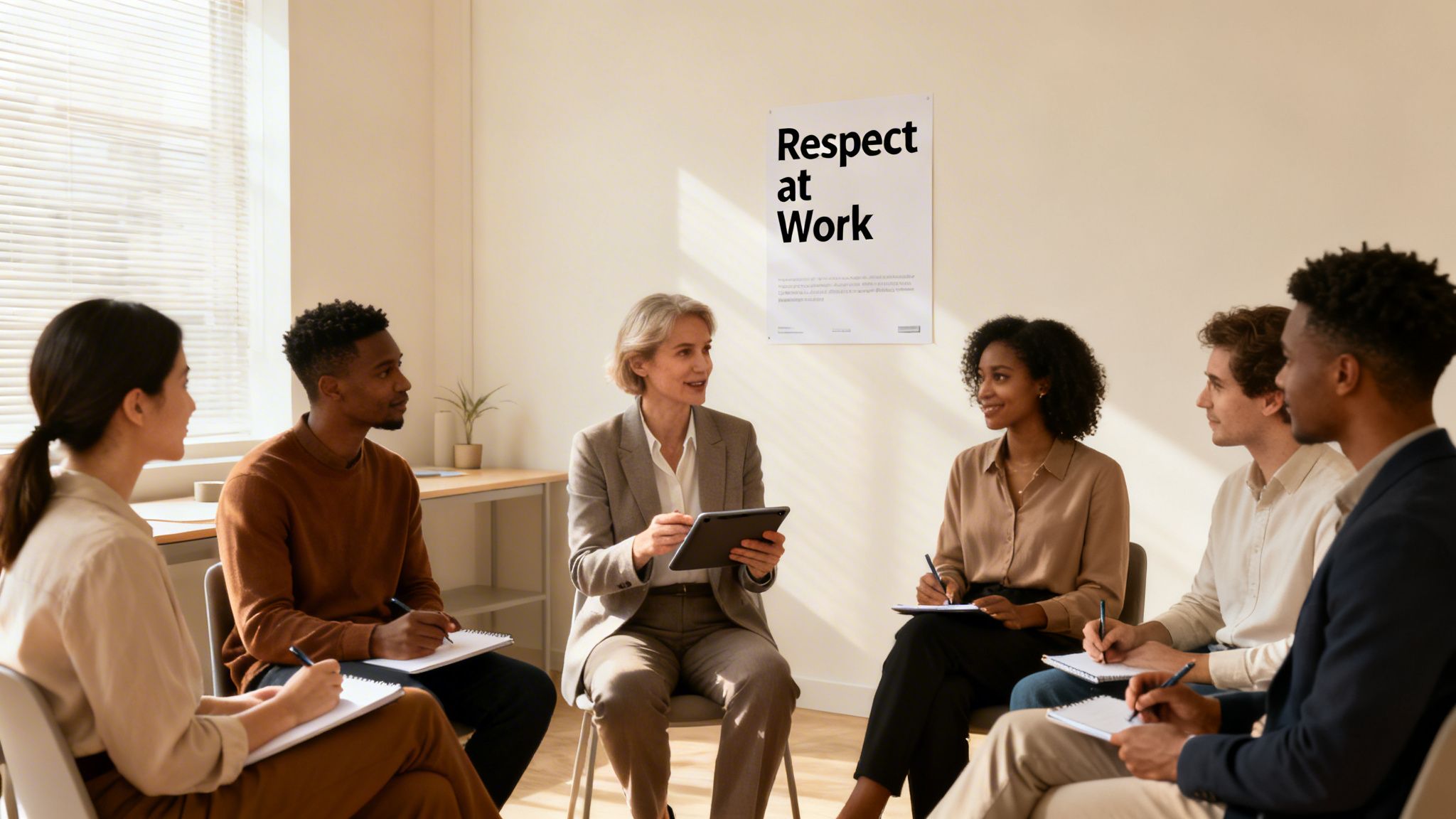 A diverse group of employees attends a "Respect at Work" training session, led by a woman.
